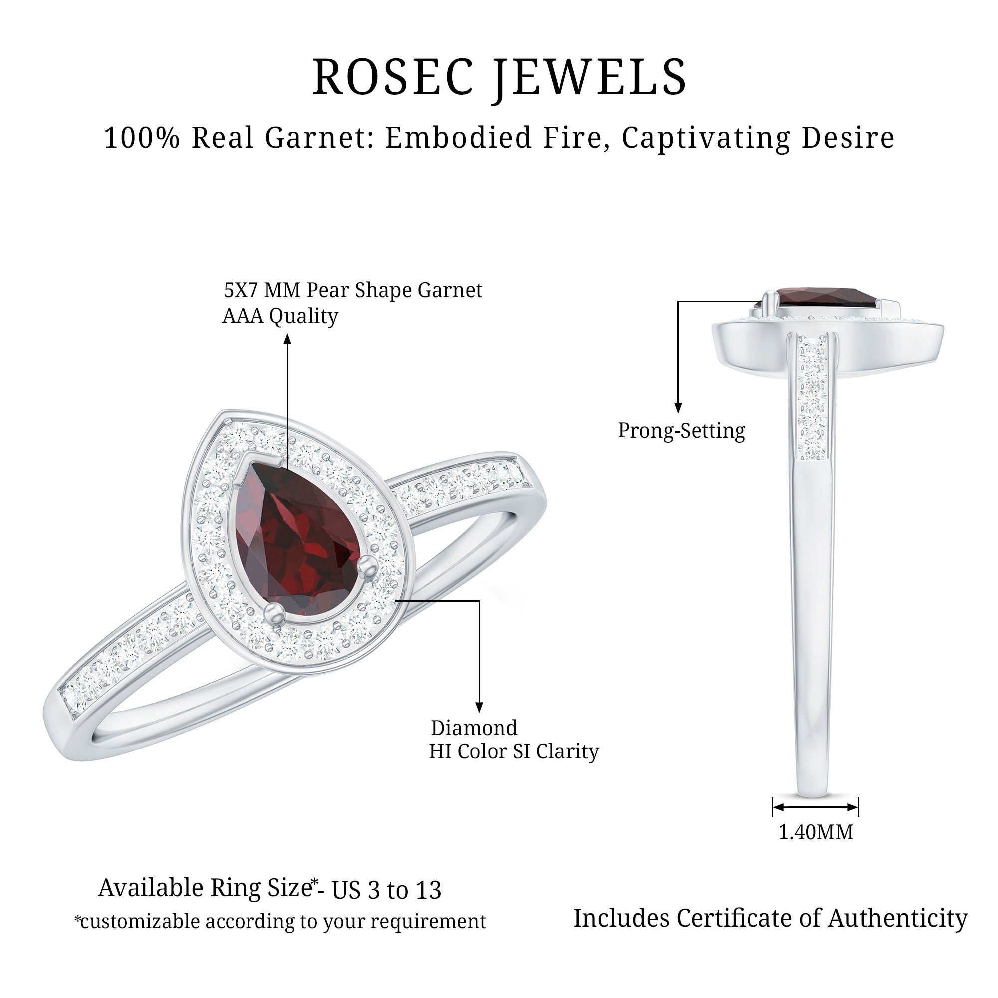 Classic Garnet Pear Shaped Engagement Ring with Diamond Halo AAA - Rosec Jewels