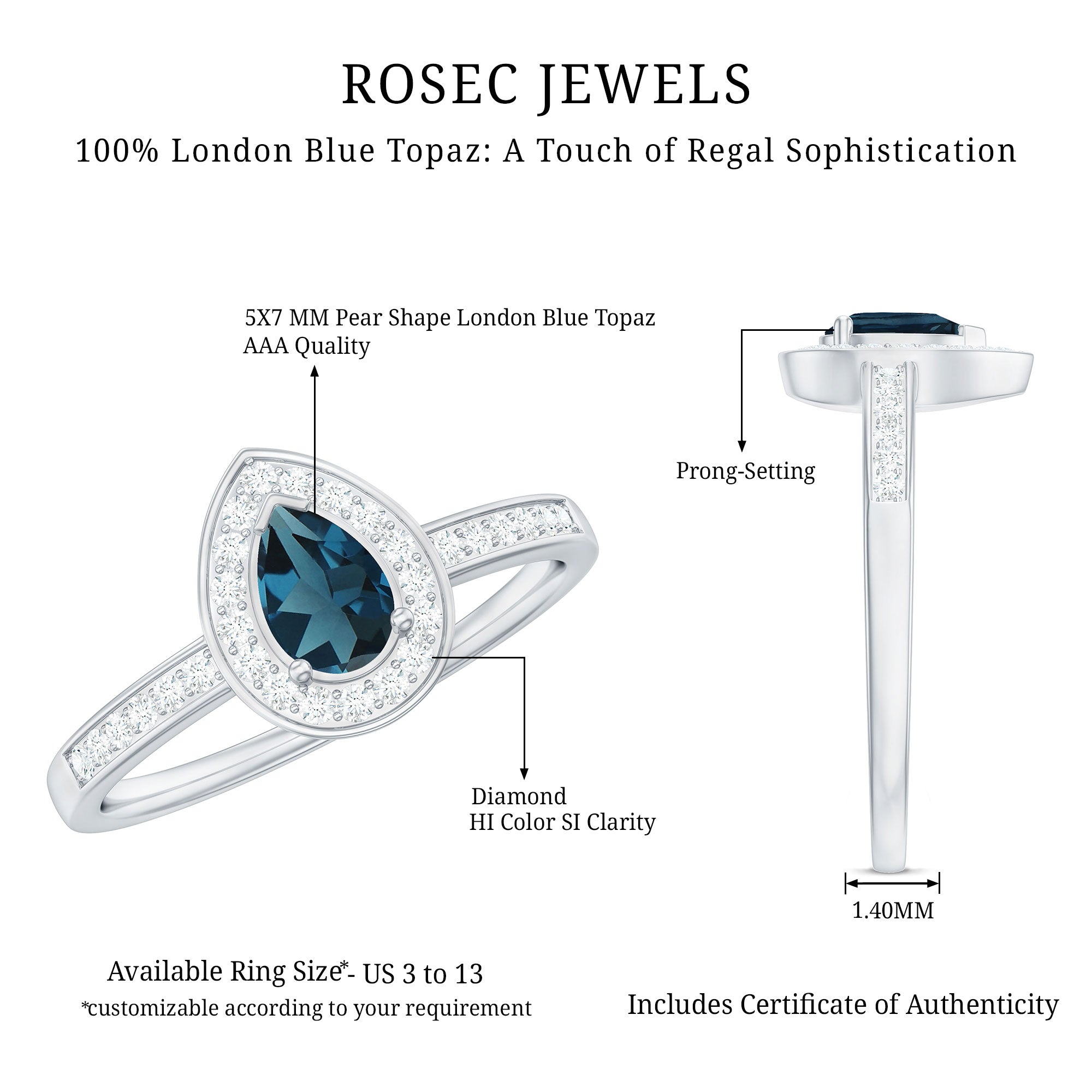 5X7MM Pear Shaped London Blue Topaz Engagement Ring with Real Diamond Halo AAA - Rosec Jewels