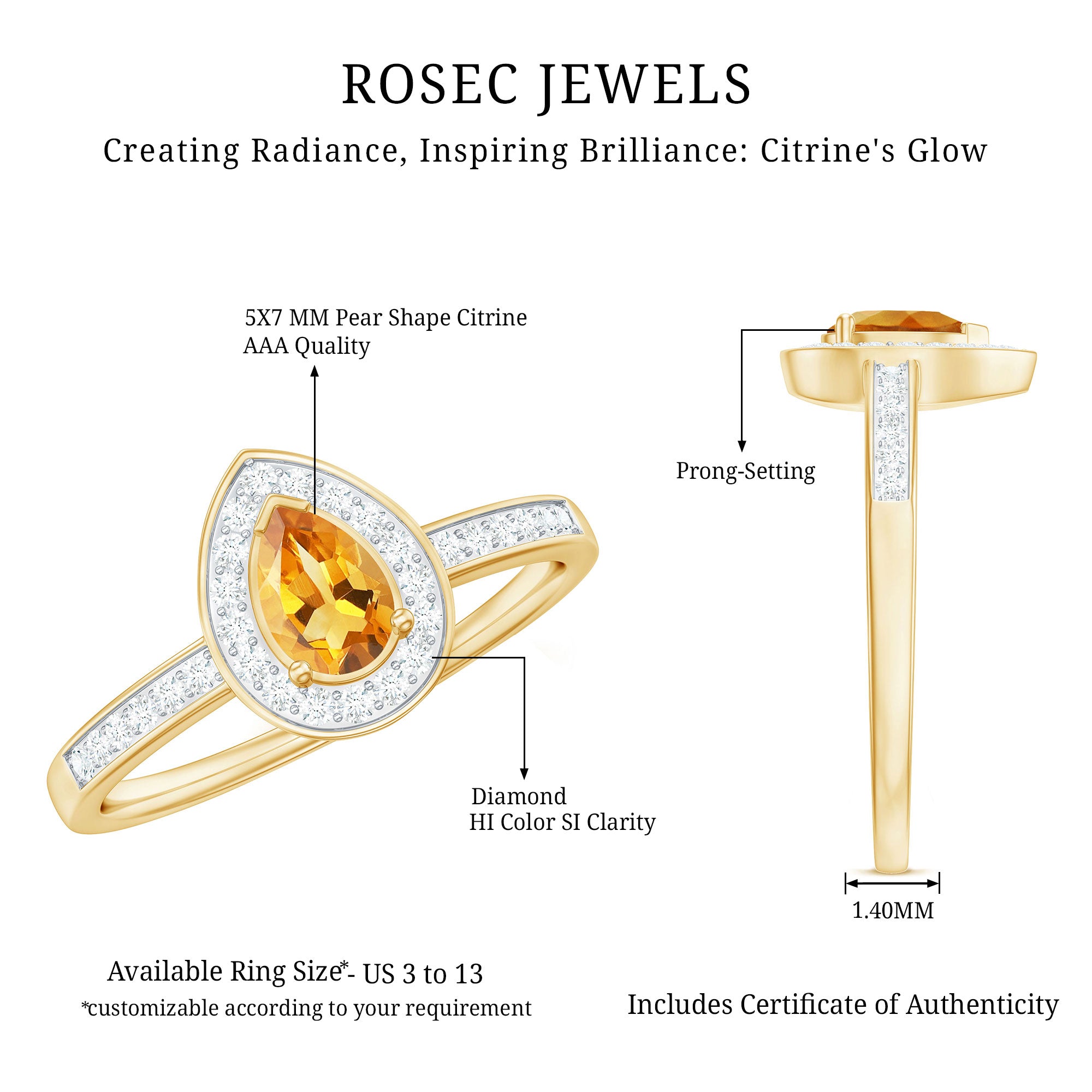 Natural 5X7mm Pear Shape Citrine Engagement Ring with Diamond Halo AAA - Rosec Jewels