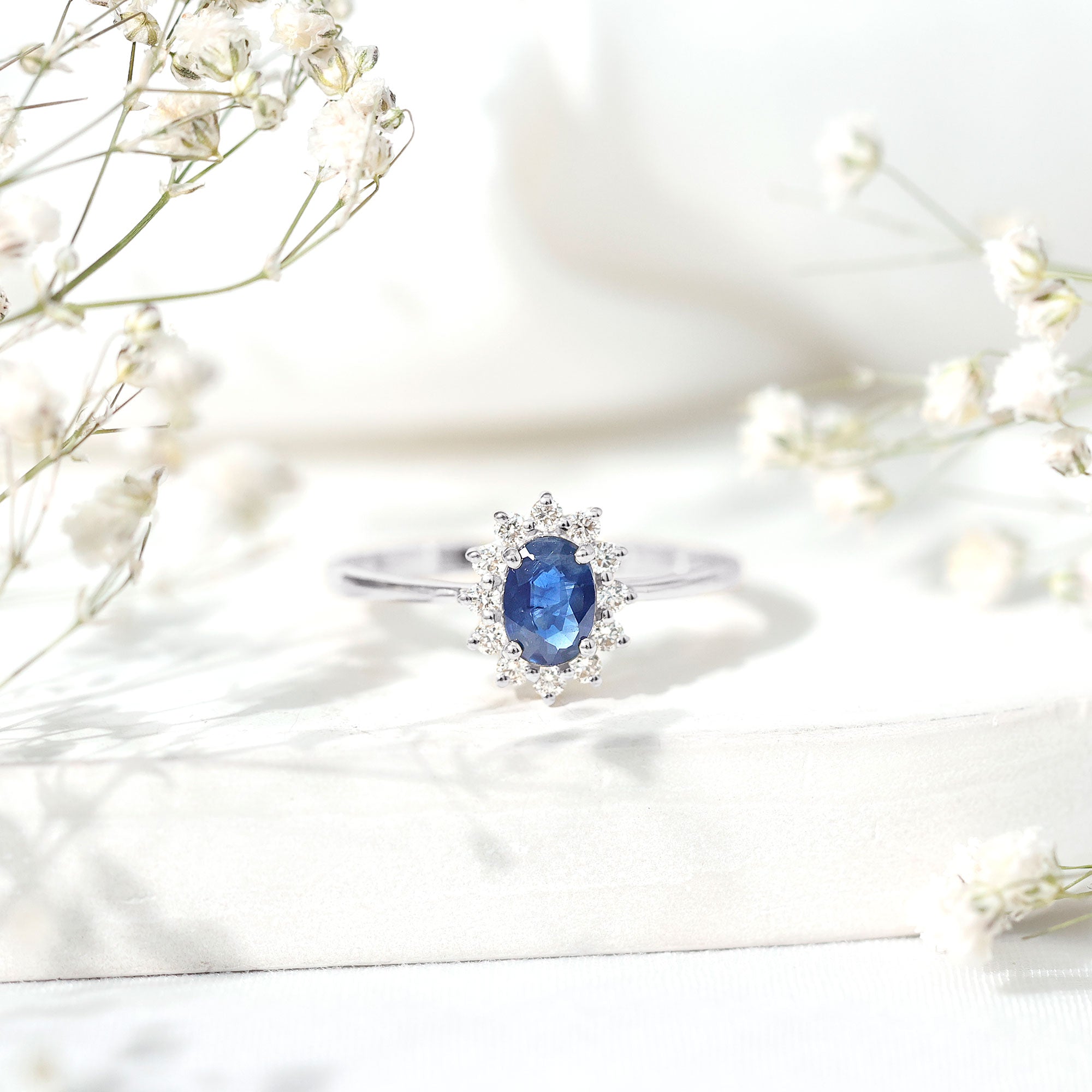 Rosec Jewels-Natural 1 Carat Blue Sapphire Princess Diana Inspired Engagement Ring with Diamonds