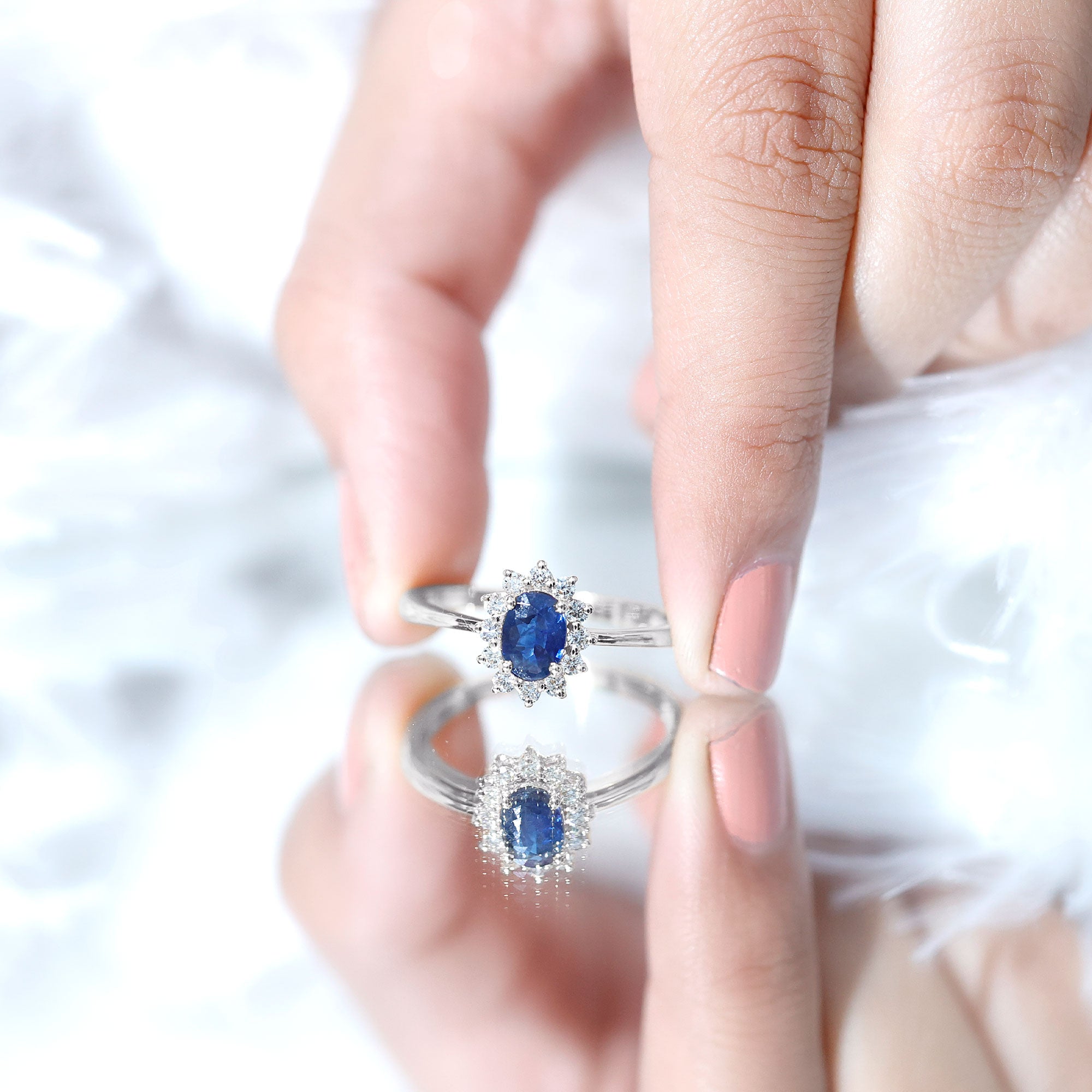 Rosec Jewels-Natural 1 Carat Blue Sapphire Princess Diana Inspired Engagement Ring with Diamonds