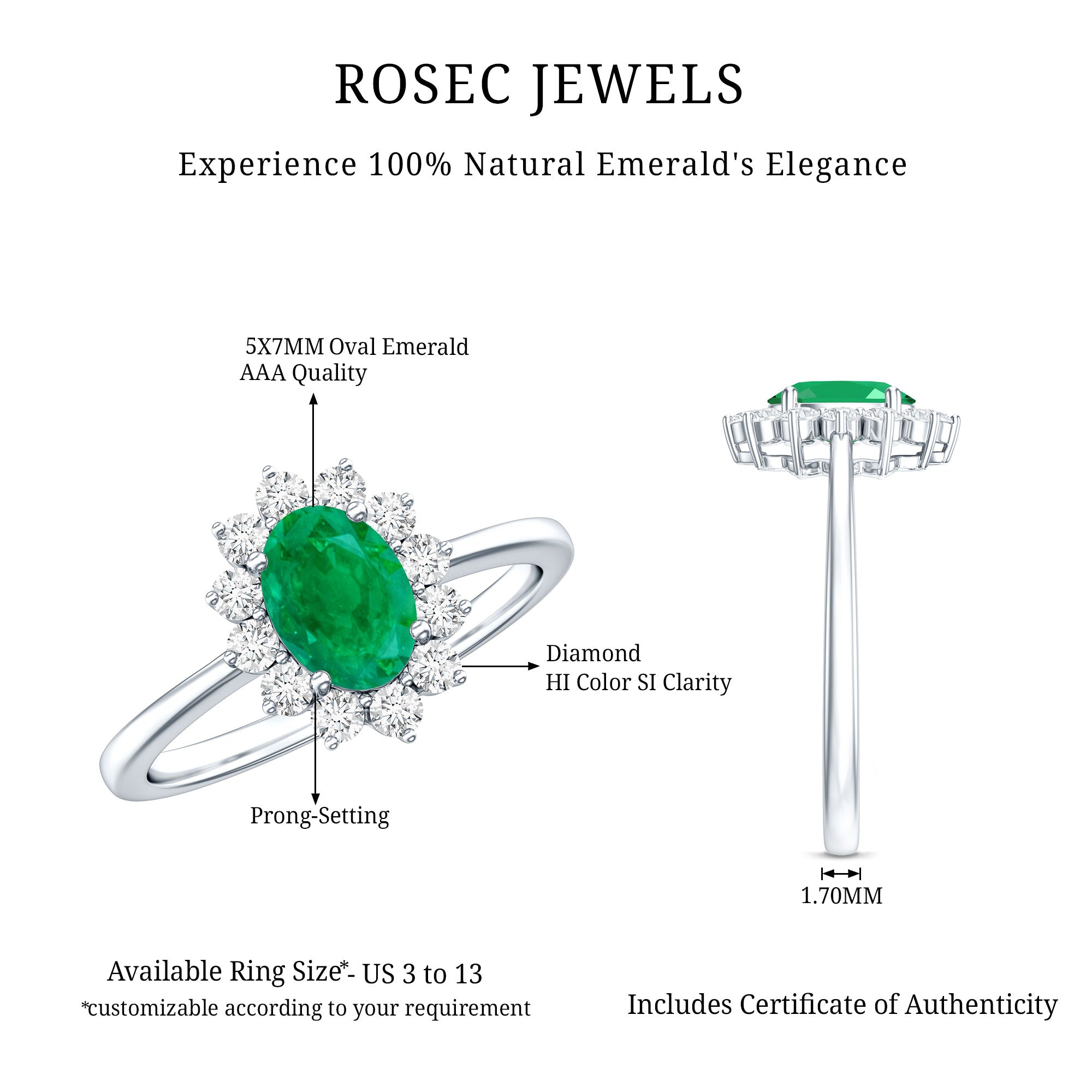 Rosec Jewels-Natural 5X7mm Emerald Oval Engagement Ring with Diamond Halo