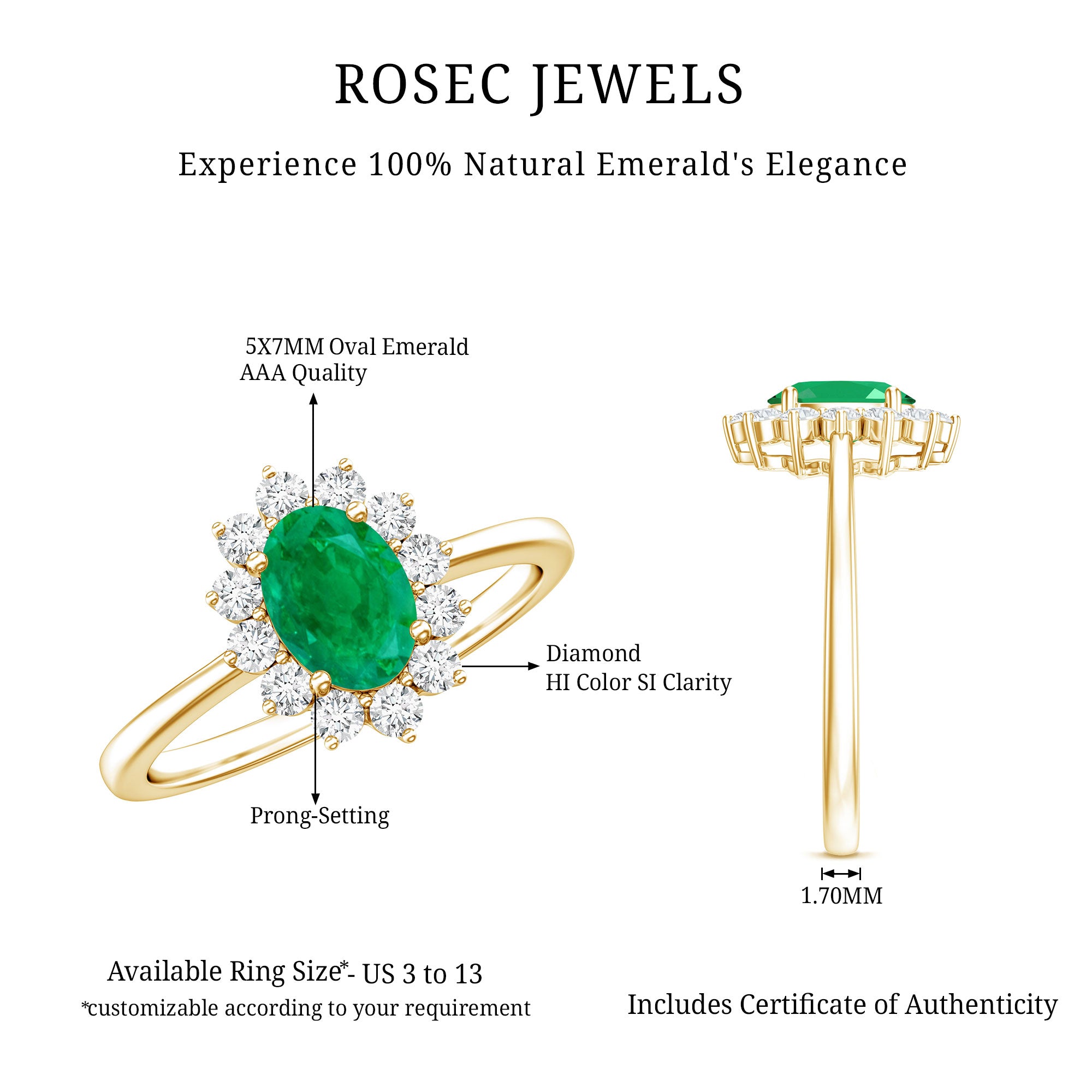 Rosec Jewels-Natural 5X7mm Emerald Oval Engagement Ring with Diamond Halo