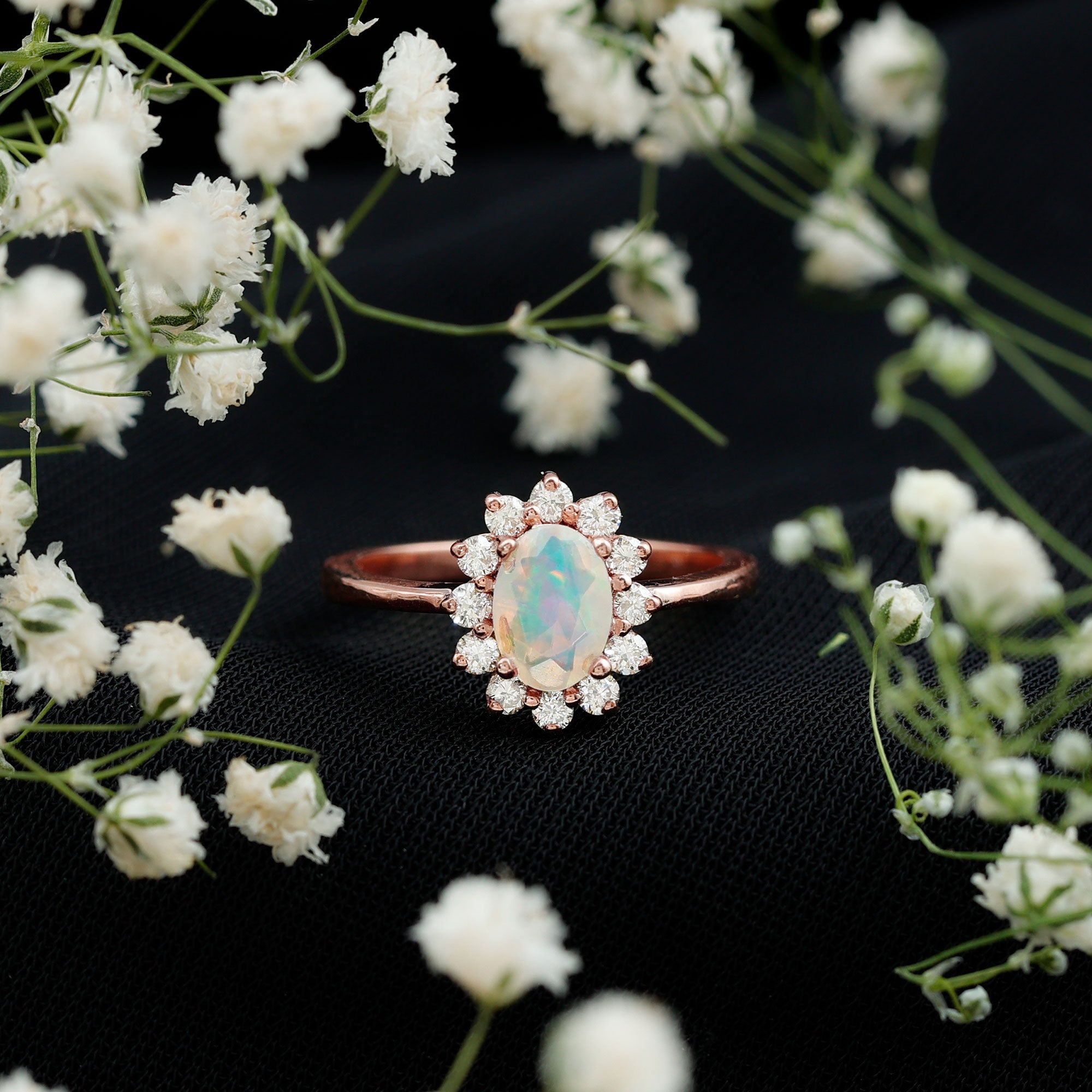 Certified Real Ethiopian Opal Oval Engagement Ring with Diamond Halo AAA - Rosec Jewels