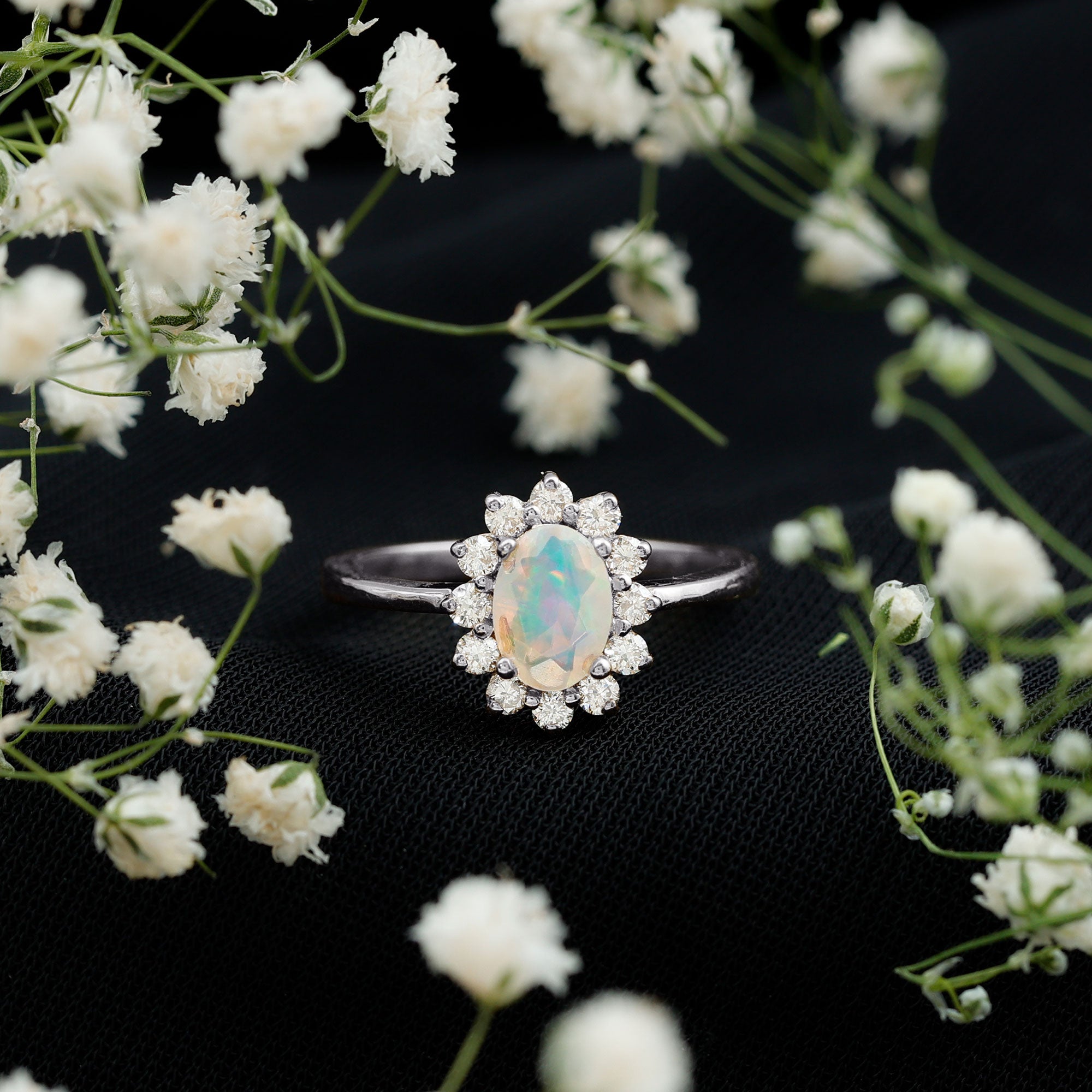 Certified Real Ethiopian Opal Oval Engagement Ring with Diamond Halo AAA - Rosec Jewels