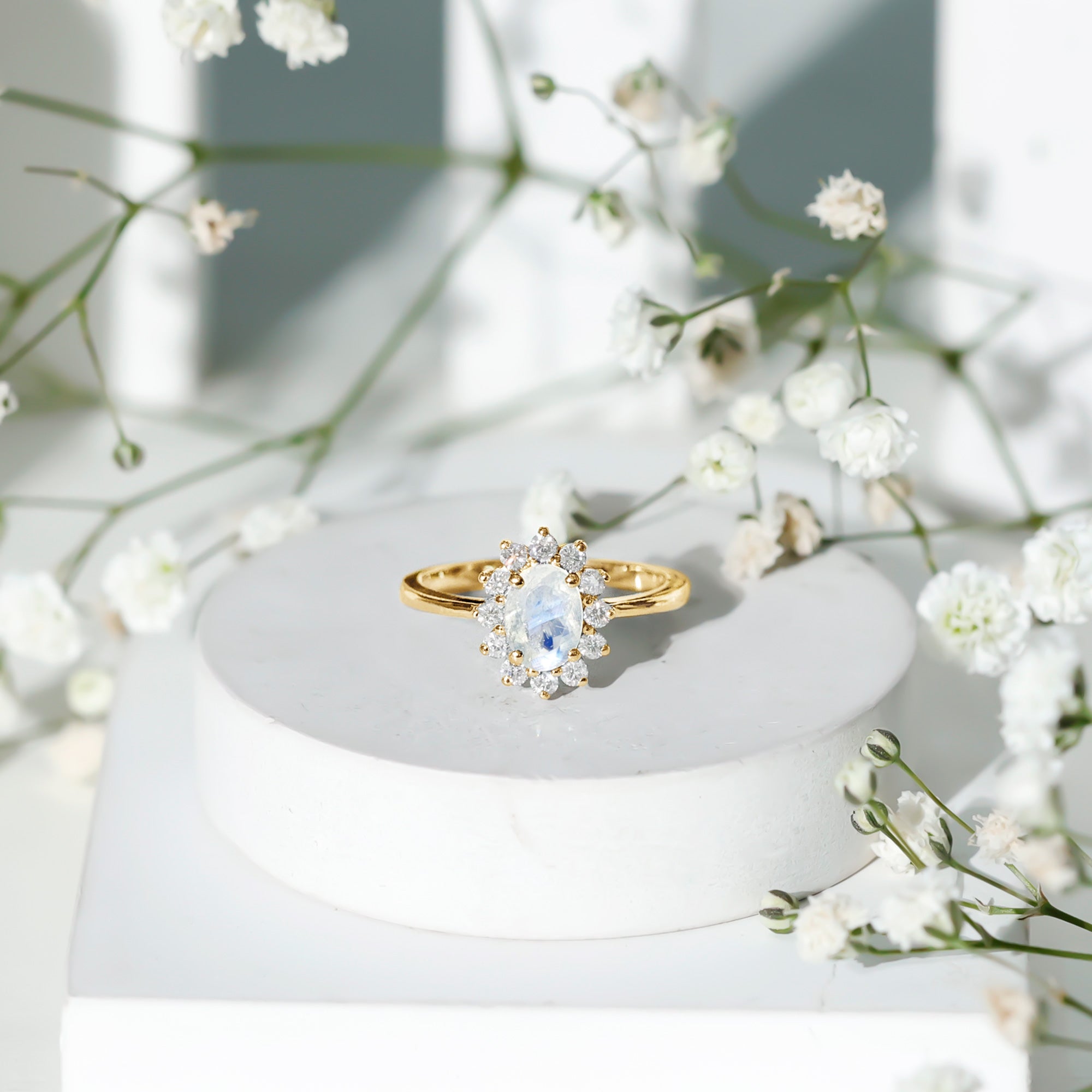Rosec Jewels-Princess Diana Inspired Moonstone Engagement Ring Diamond Halo