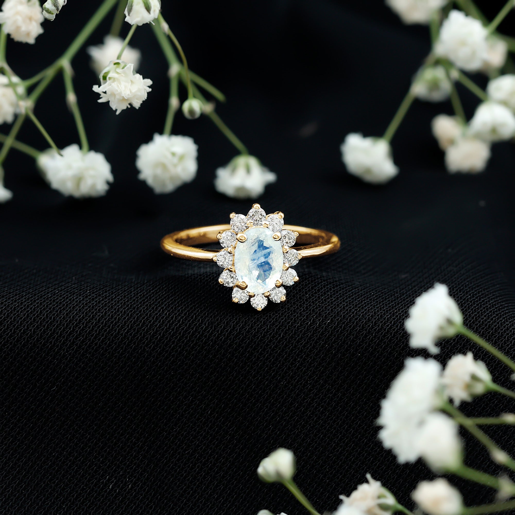 Rosec Jewels-Princess Diana Inspired Moonstone Engagement Ring Diamond Halo