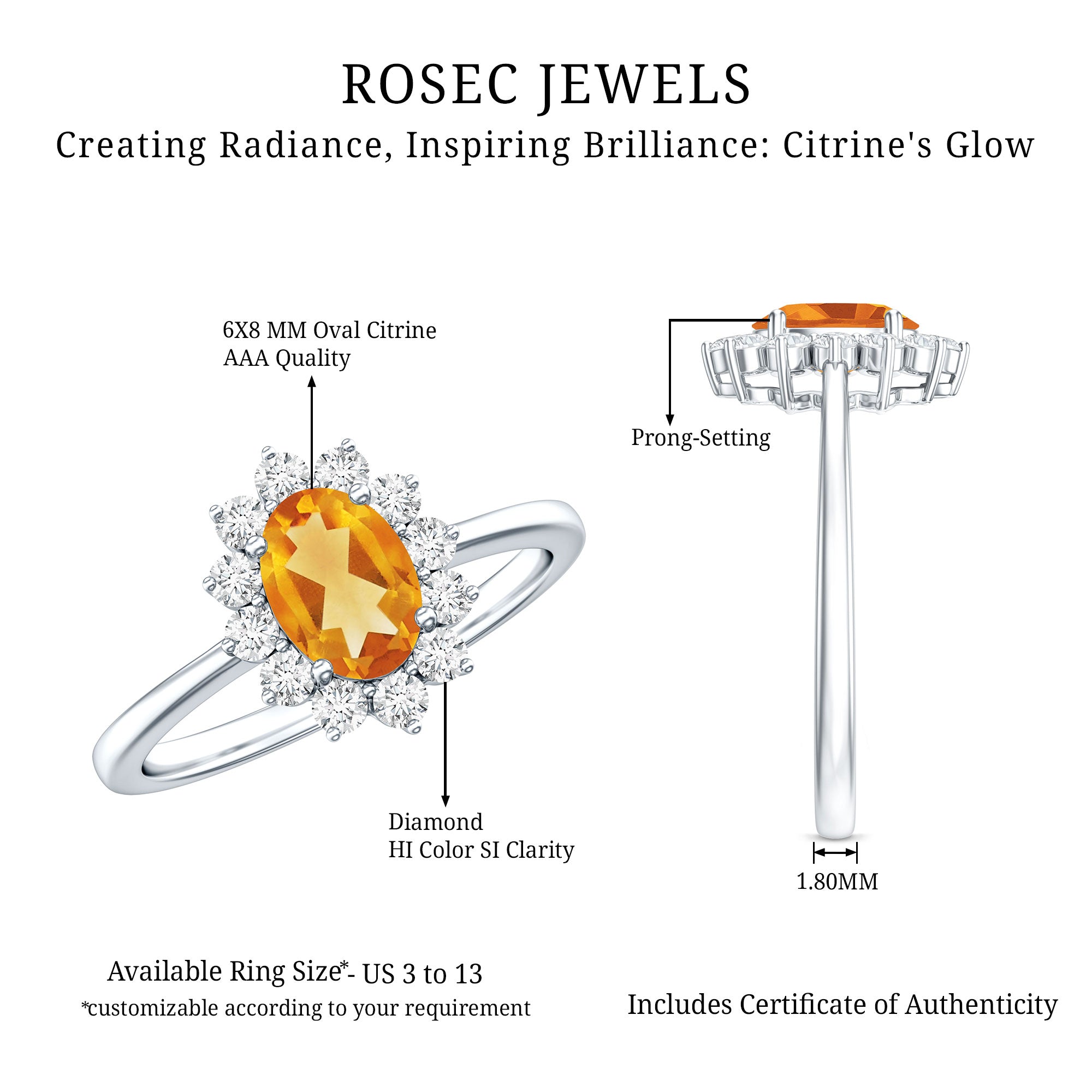 Real 6X8mm Citrine Oval Engagement Ring with Diamond Halo AAA - Rosec Jewels