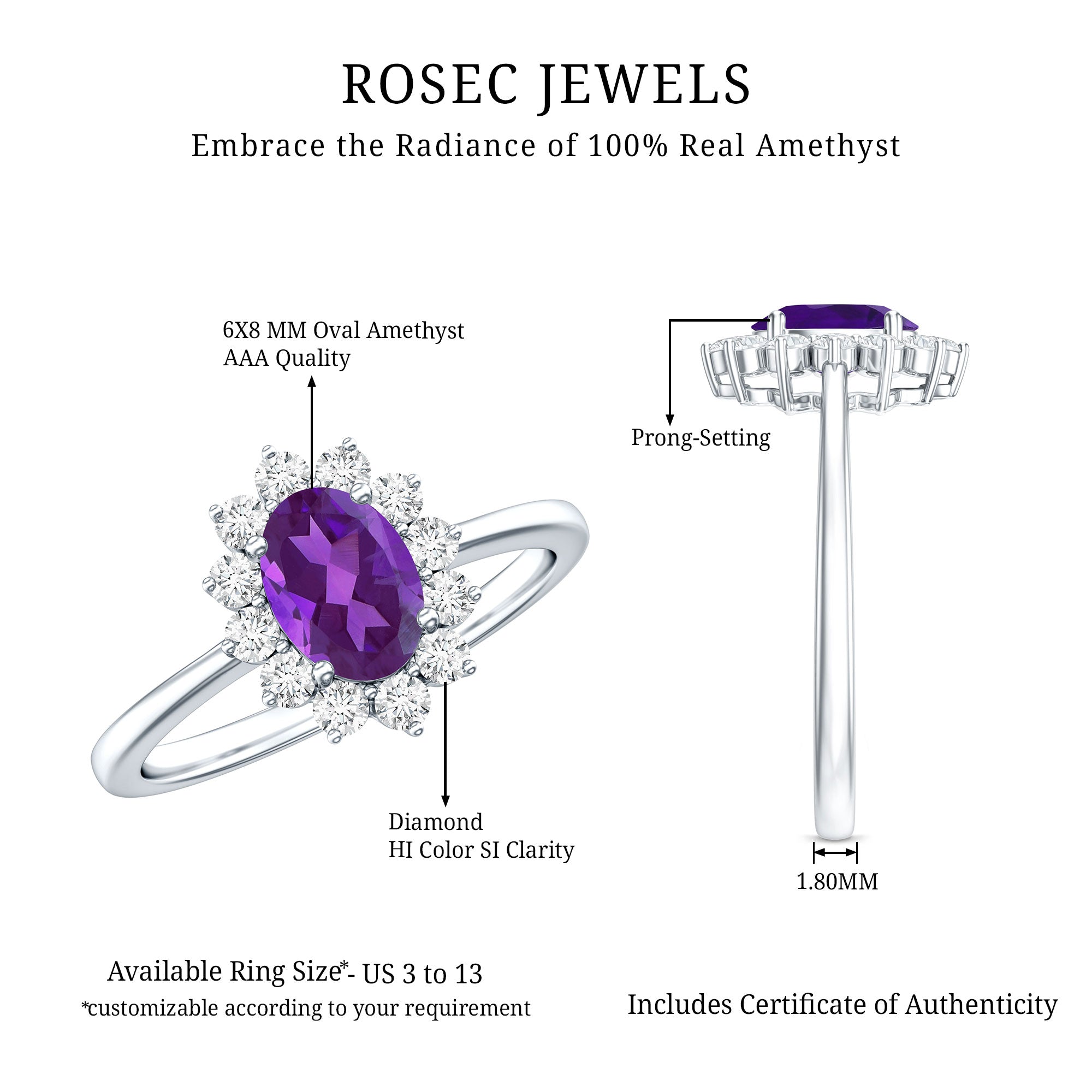 1.5 CT Princess Diana Inspired Amethyst Engagement Ring Diamond Halo AAA - Rosec Jewels