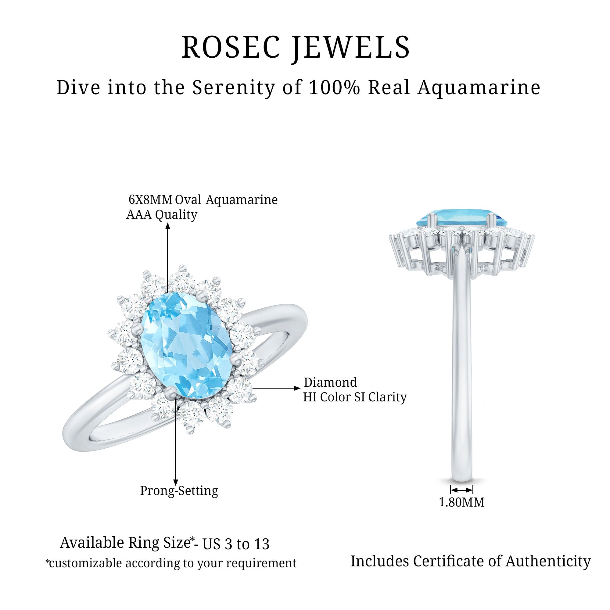 Natural 1 Carat Aquamarine Oval Engagement Ring with Diamond Halo AAA - Rosec Jewels