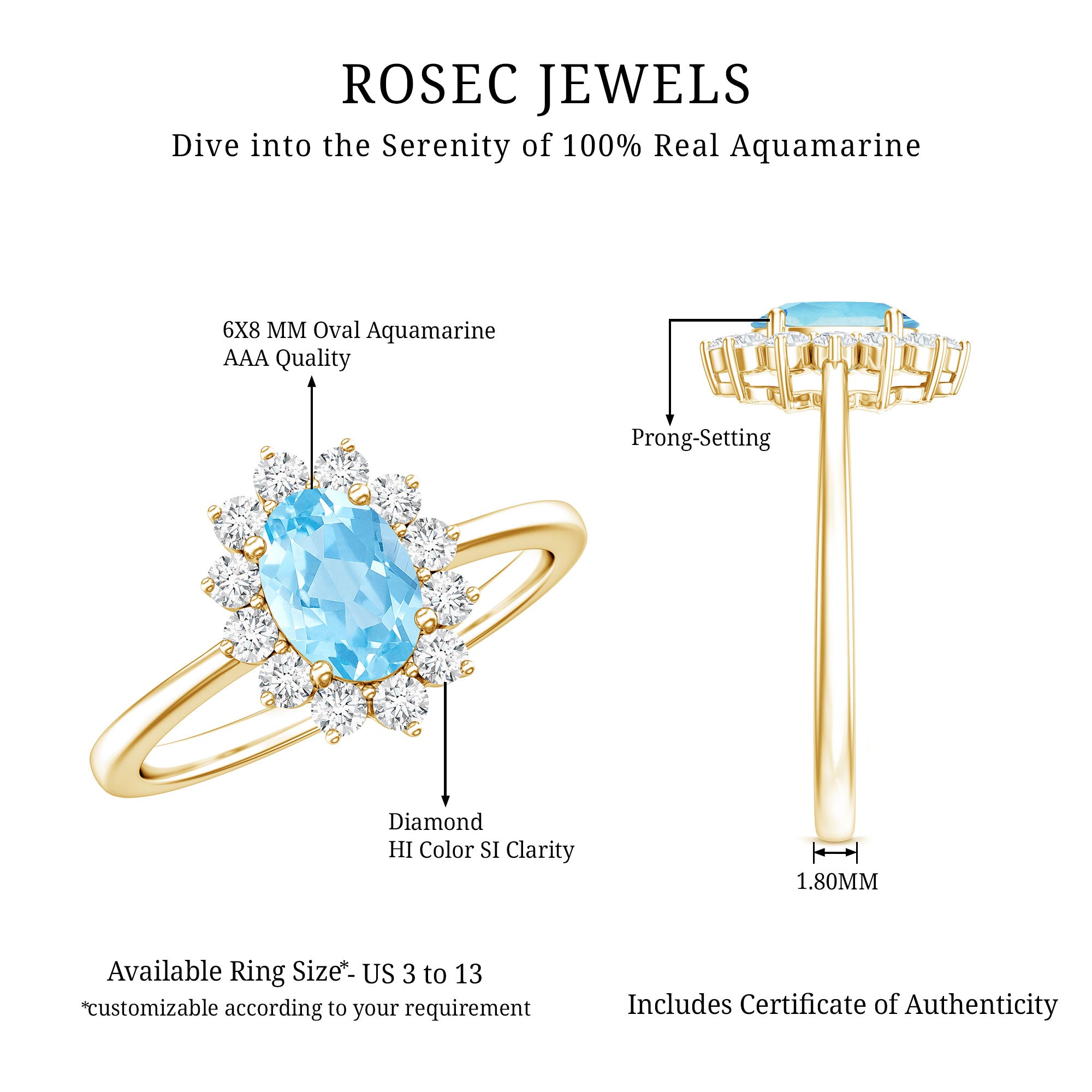 Natural 1 Carat Aquamarine Oval Engagement Ring with Diamond Halo AAA - Rosec Jewels