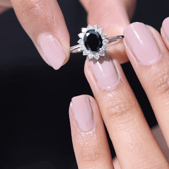 Rosec Jewels-Oval Cut Real Black Onyx and Diamond Halo Engagement Ring