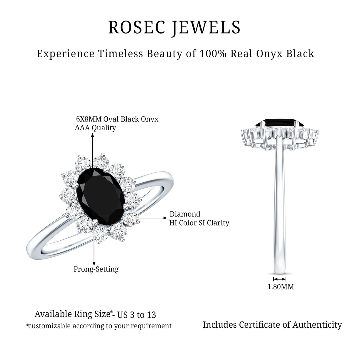 Oval Cut Real Black Onyx and Diamond Halo Engagement Ring AAA - Rosec Jewels