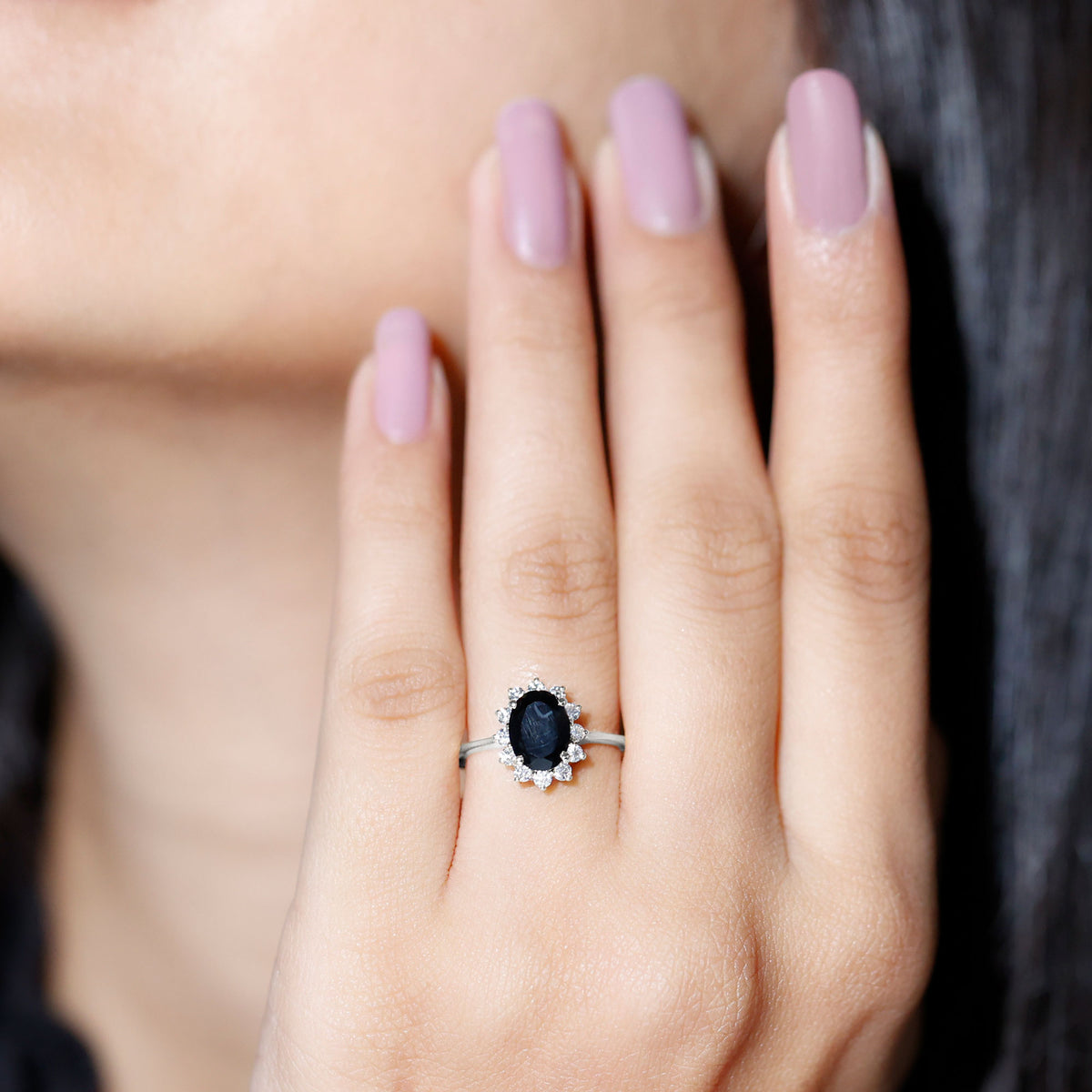 Oval Cut Real Black Onyx and Diamond Halo Engagement Ring AAA - Rosec Jewels