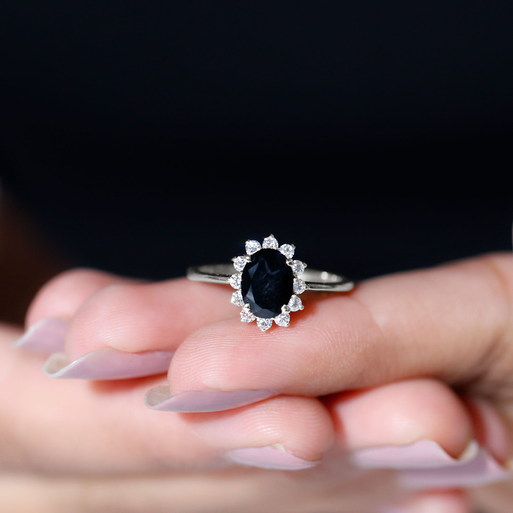 Rosec Jewels-Oval Cut Real Black Onyx and Diamond Halo Engagement Ring