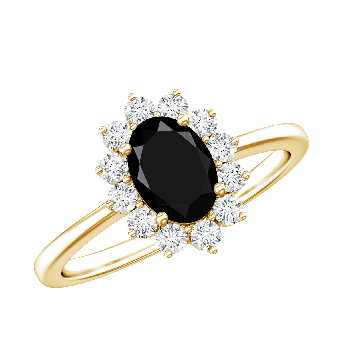 Oval Cut Real Black Onyx and Diamond Halo Engagement Ring AAA - Rosec Jewels