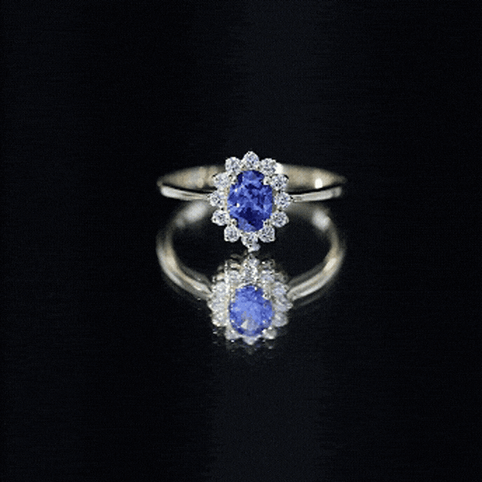 Certified 1 Carat Lab Grown Blue Sapphire Oval Engagement Ring with Diamond Halo AAAA - Rosec Jewels