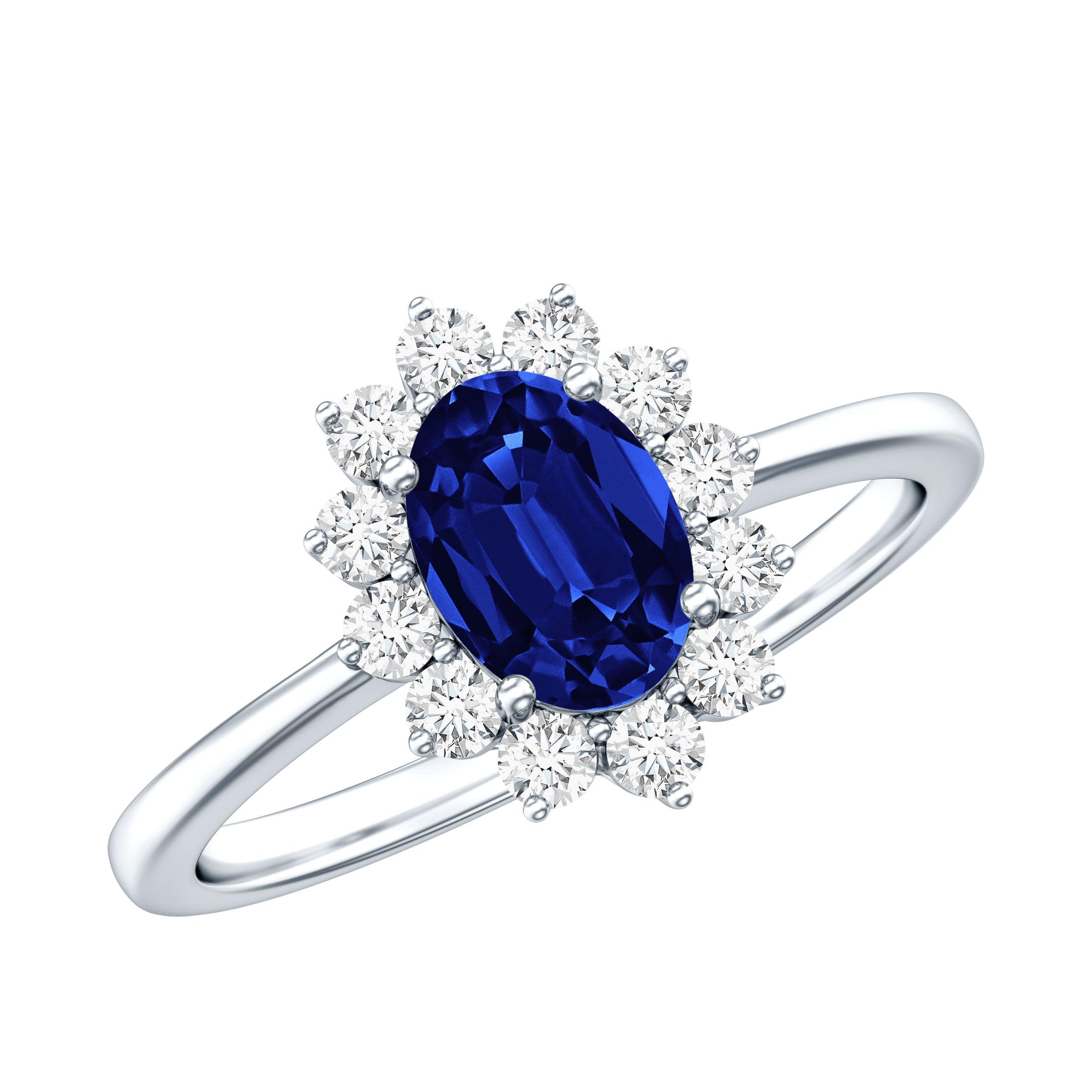 Certified 1 Carat Lab Grown Blue Sapphire Oval Engagement Ring with Diamond Halo AAAA - Rosec Jewels