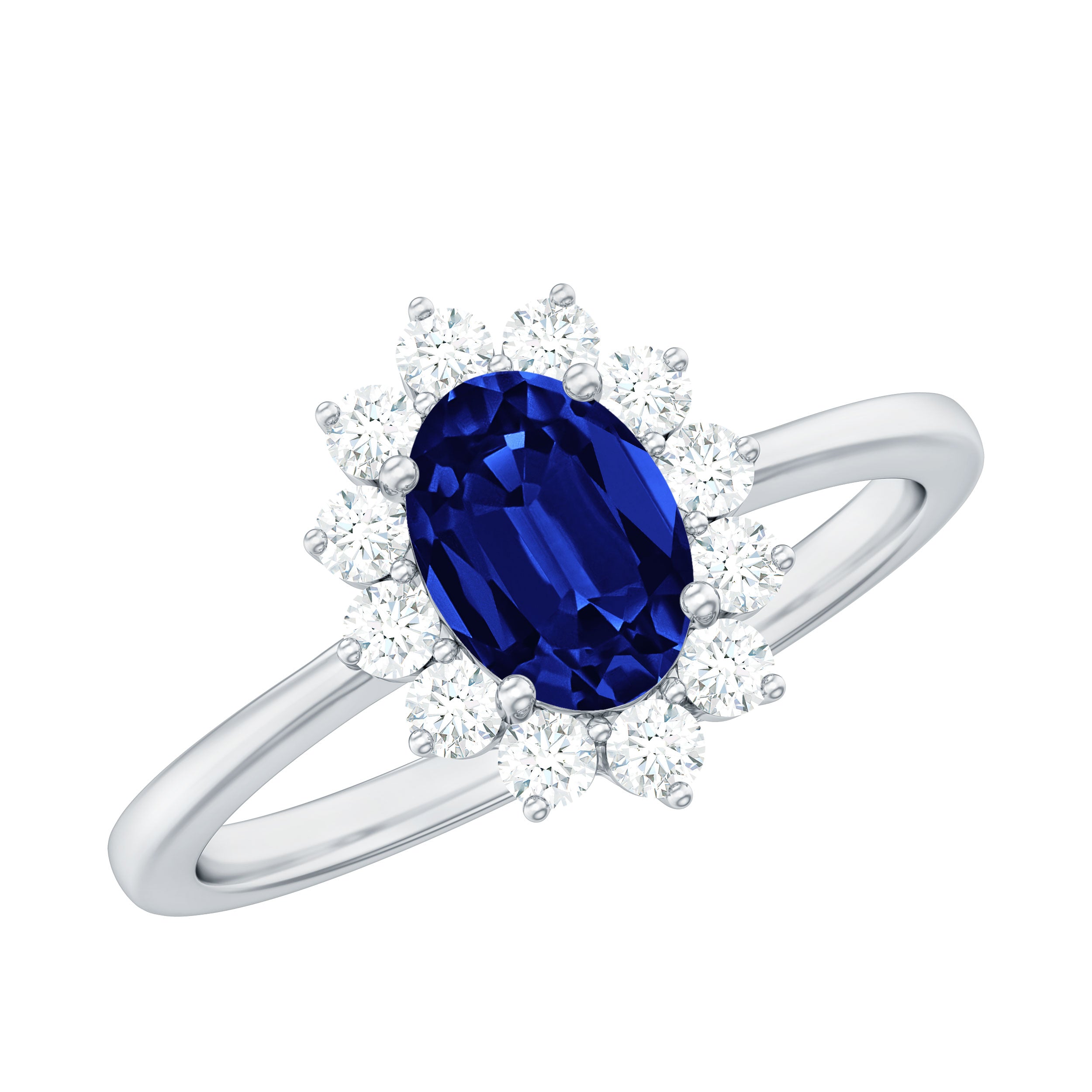 Certified 1 Carat Lab Grown Blue Sapphire Oval Engagement Ring with Diamond Halo