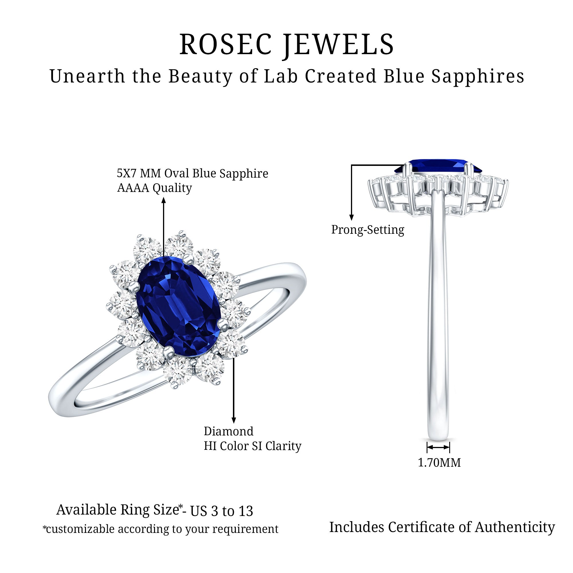 Certified 1 Carat Lab Grown Blue Sapphire Oval Engagement Ring with Diamond Halo AAAA - Rosec Jewels