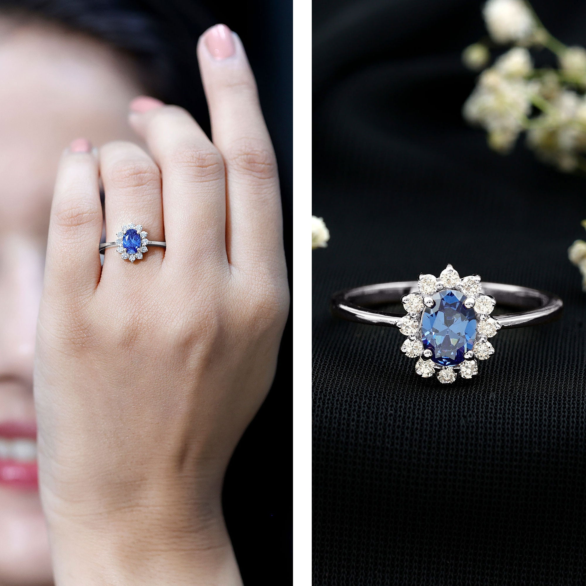 Certified 1 Carat Lab Grown Blue Sapphire Oval Engagement Ring with Diamond Halo AAAA - Rosec Jewels