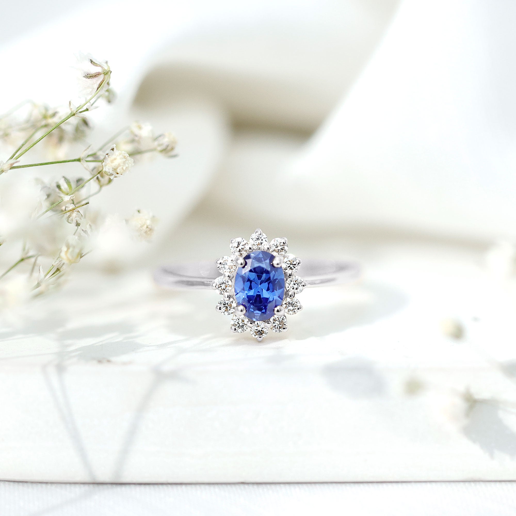 Certified 1 Carat Lab Grown Blue Sapphire Oval Engagement Ring with Diamond Halo AAAA - Rosec Jewels