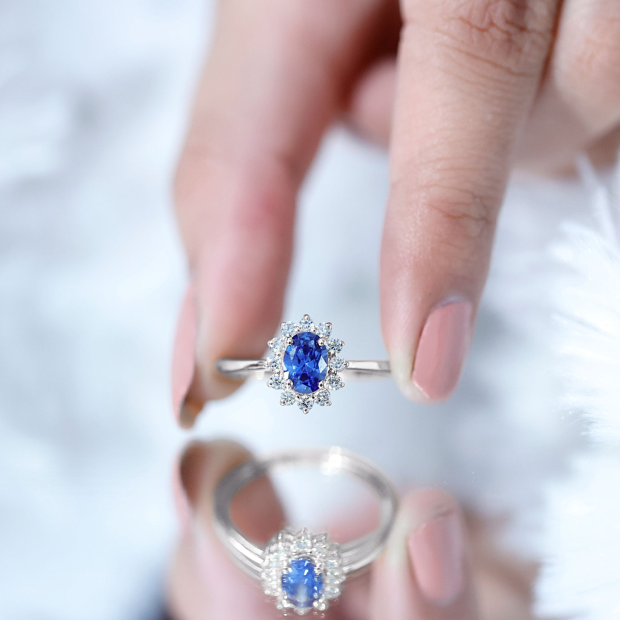 Certified 1 Carat Lab Grown Blue Sapphire Oval Engagement Ring with Diamond Halo AAAA - Rosec Jewels