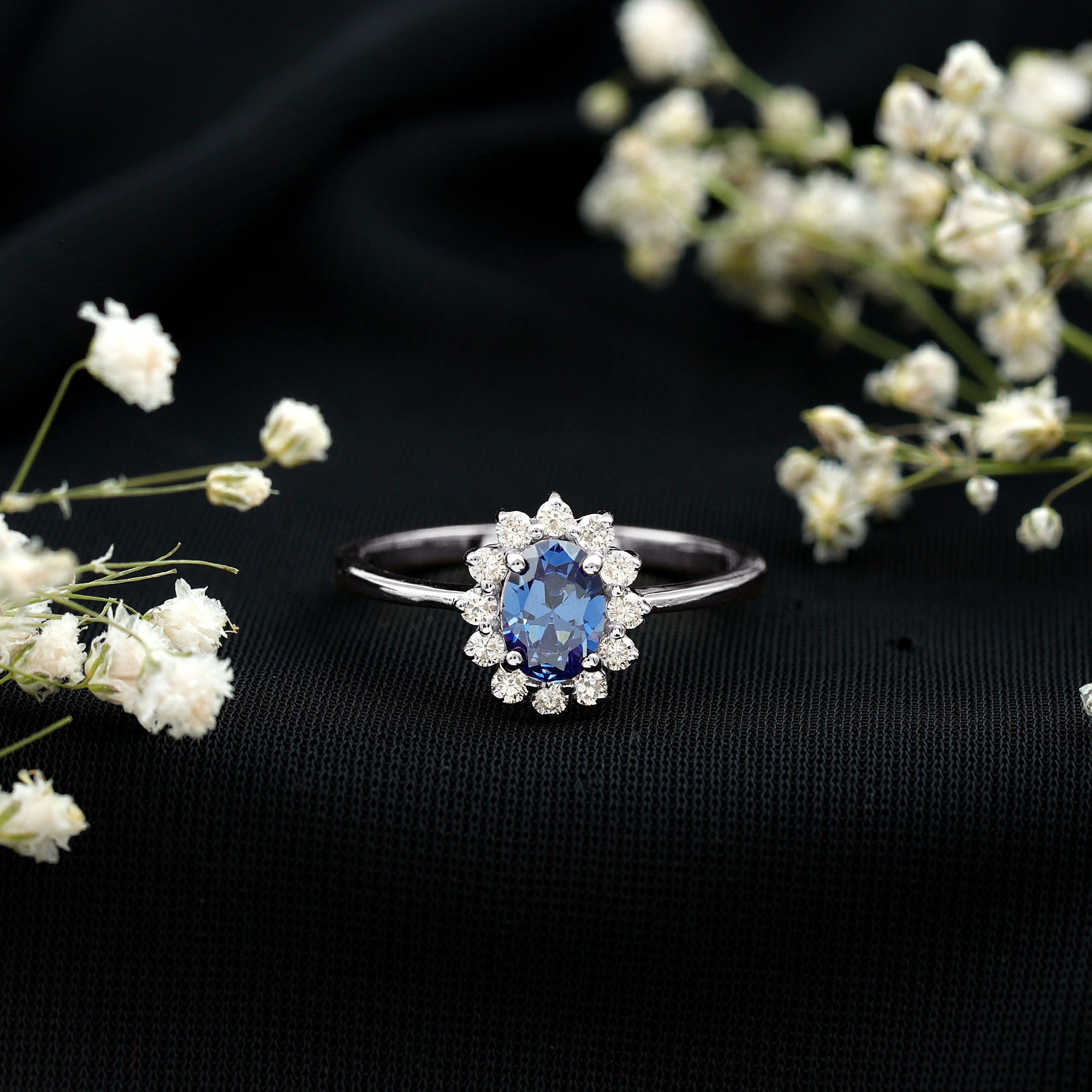 Certified 1 Carat Lab Grown Blue Sapphire Oval Engagement Ring with Diamond Halo AAAA - Rosec Jewels