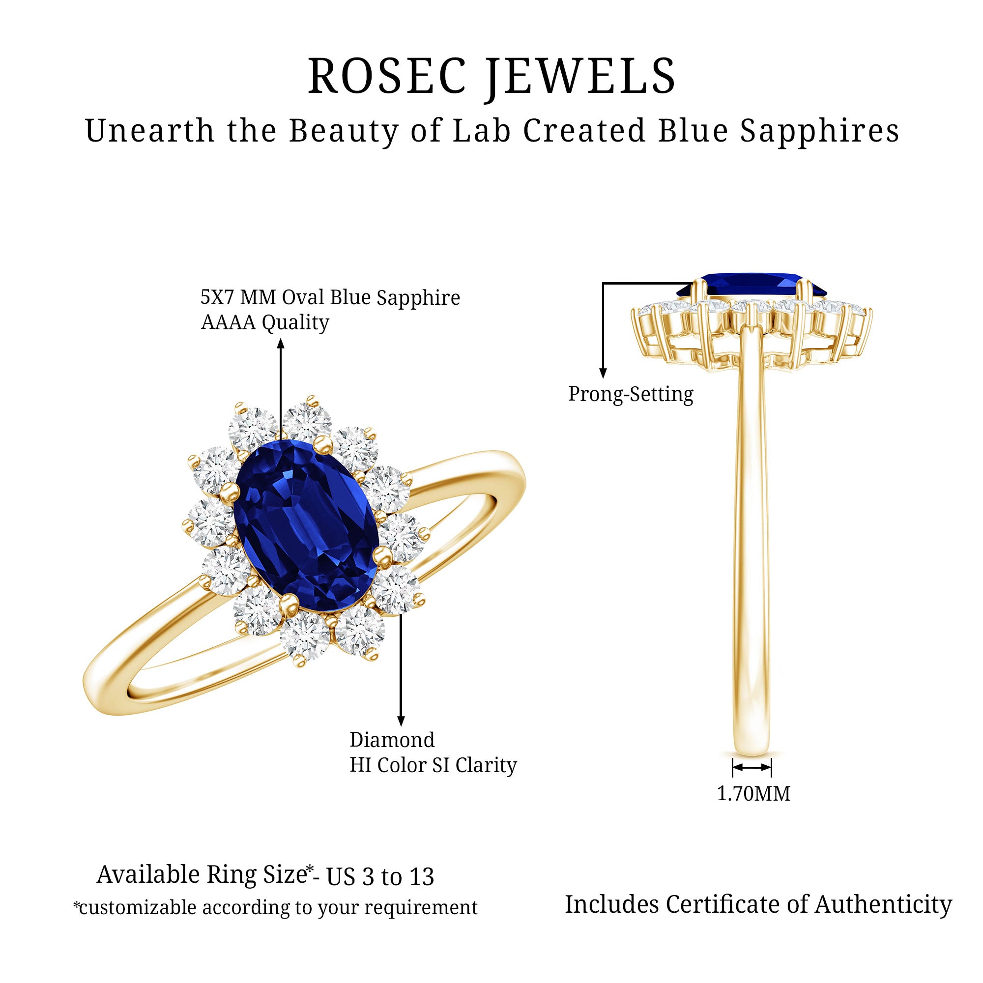 Certified 1 Carat Lab Grown Blue Sapphire Oval Engagement Ring with Diamond Halo AAAA - Rosec Jewels