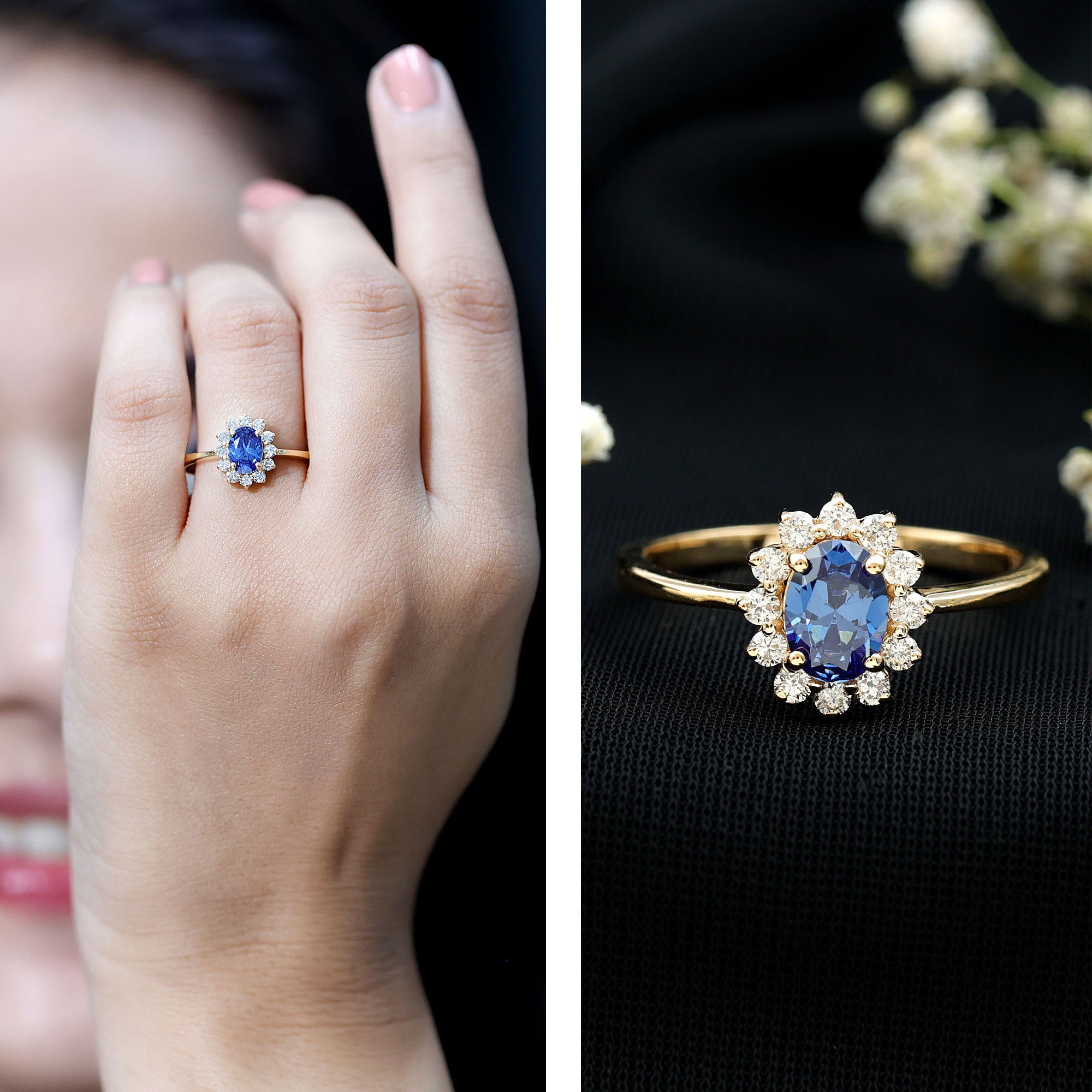 Certified 1 Carat Lab Grown Blue Sapphire Oval Engagement Ring with Diamond Halo AAAA - Rosec Jewels