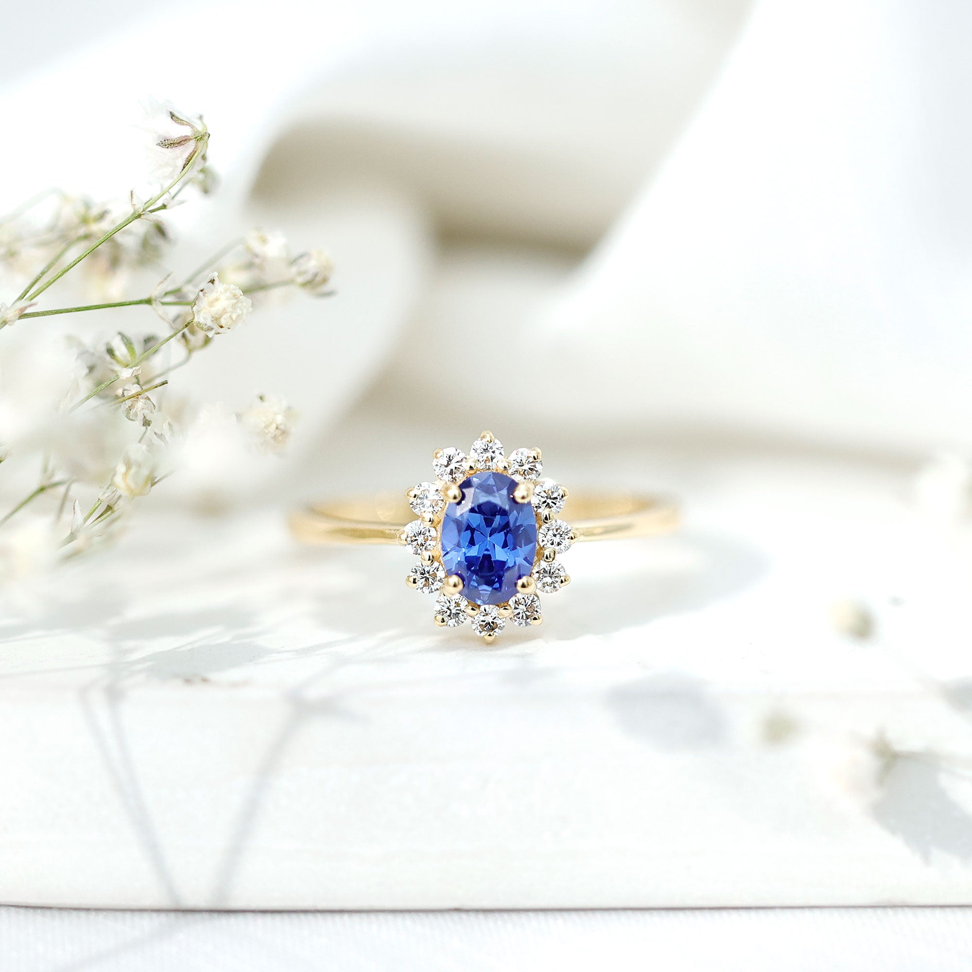 Certified 1 Carat Lab Grown Blue Sapphire Oval Engagement Ring with Diamond Halo AAAA - Rosec Jewels