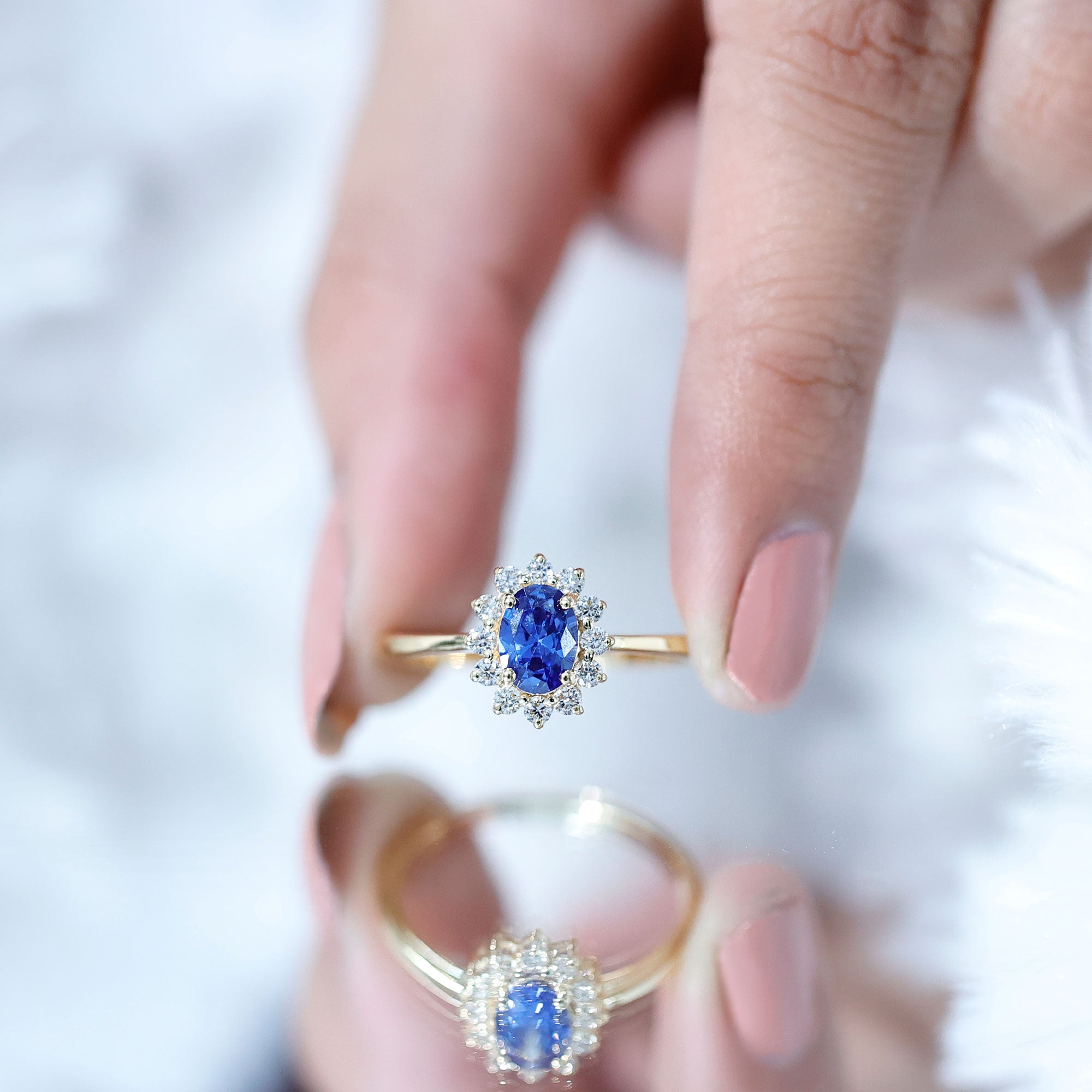 Certified 1 Carat Lab Grown Blue Sapphire Oval Engagement Ring with Diamond Halo AAAA - Rosec Jewels