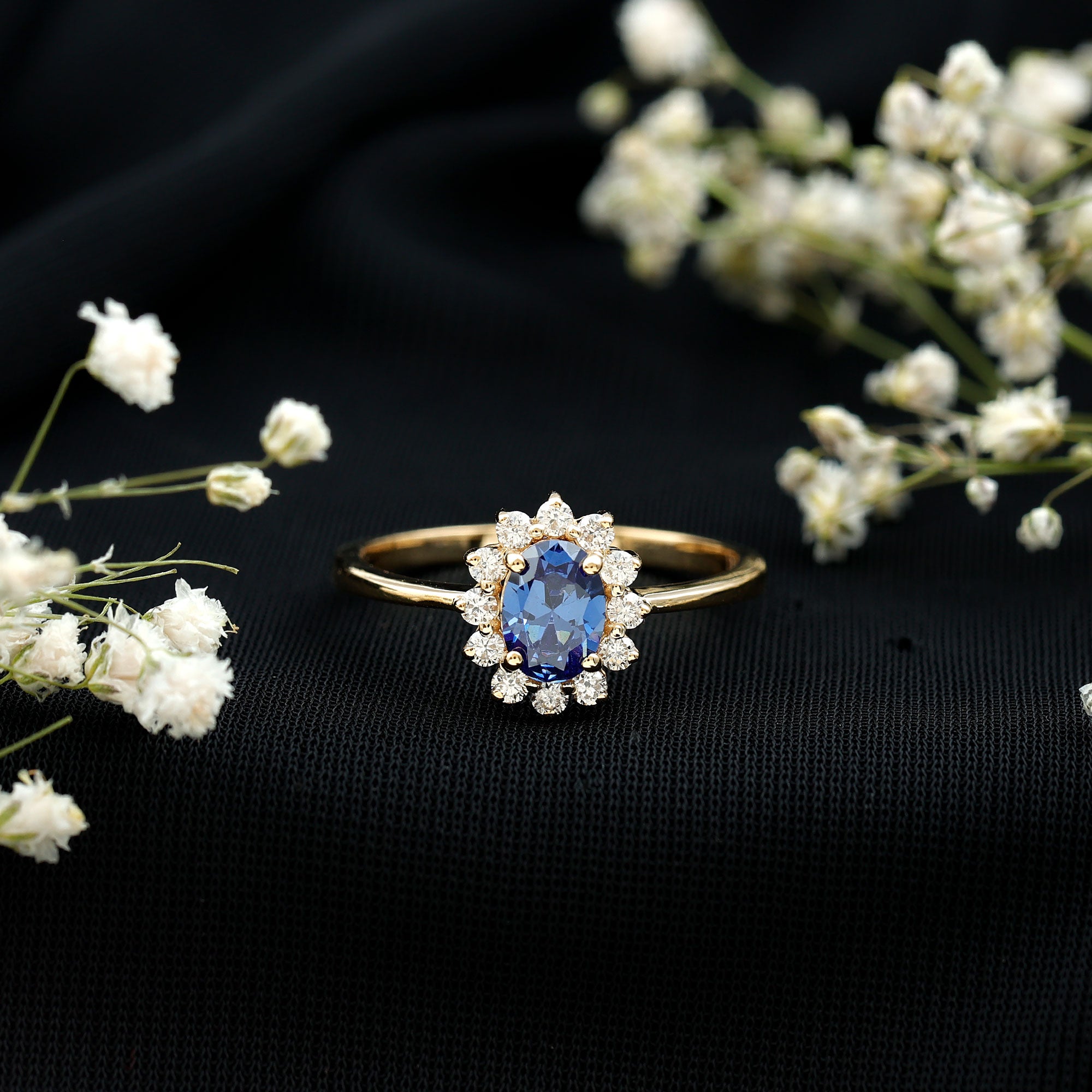 Certified 1 Carat Lab Grown Blue Sapphire Oval Engagement Ring with Diamond Halo AAAA - Rosec Jewels