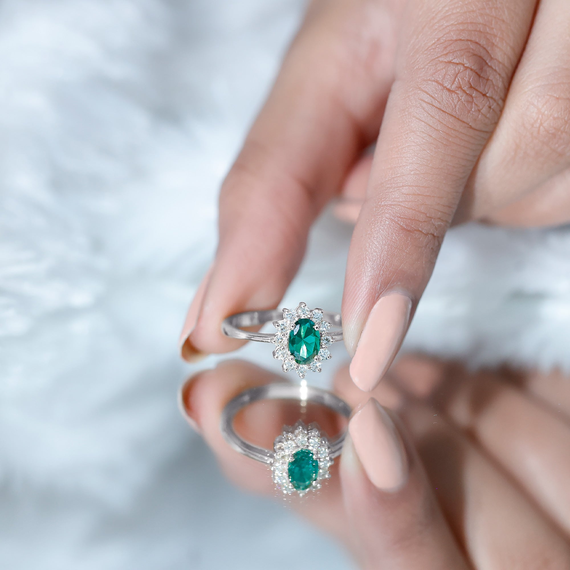 Lab Created Emerald Princess Diana Inspired Engagement Ring with Diamond AAAA - Rosec Jewels
