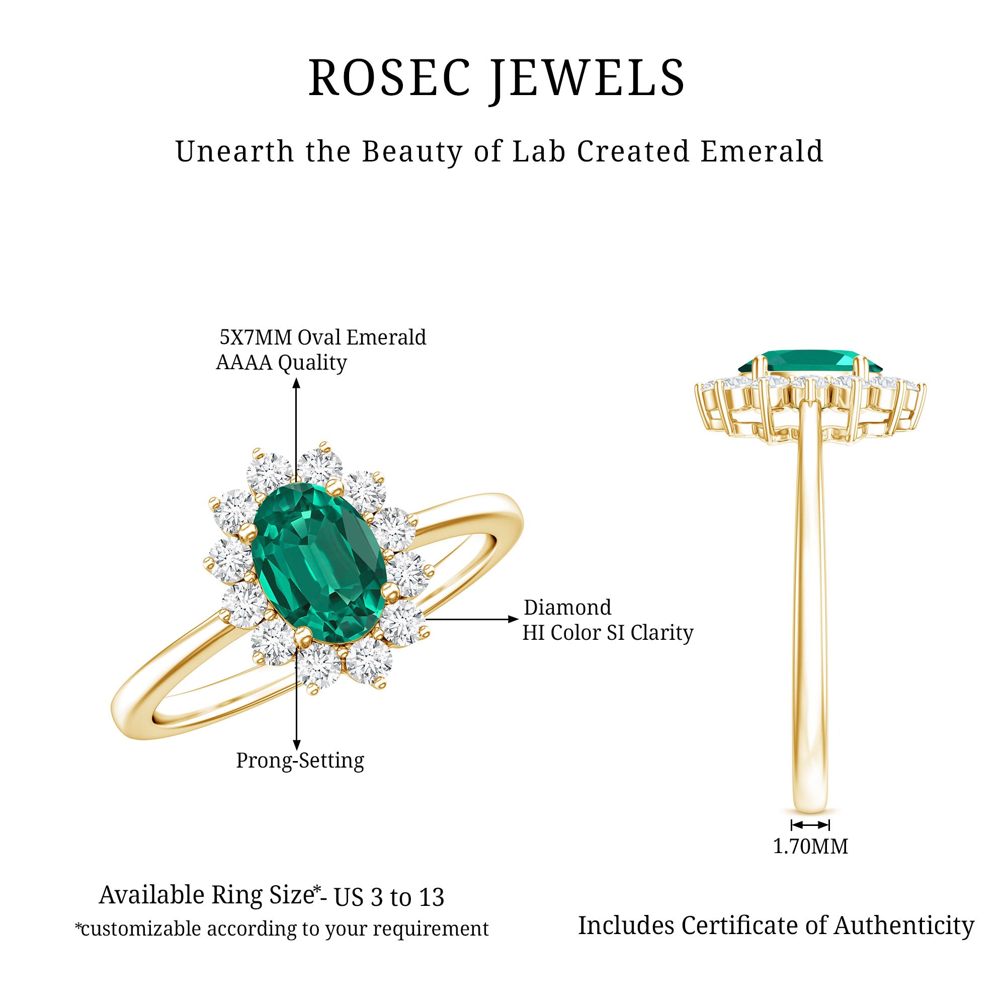 Lab Created Emerald Princess Diana Inspired Engagement Ring with Diamond AAAA - Rosec Jewels