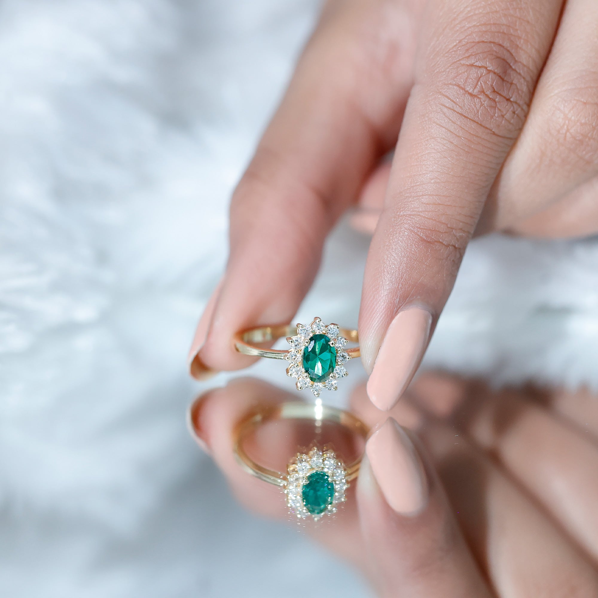 Lab Created Emerald Princess Diana Inspired Engagement Ring with Diamond AAAA - Rosec Jewels