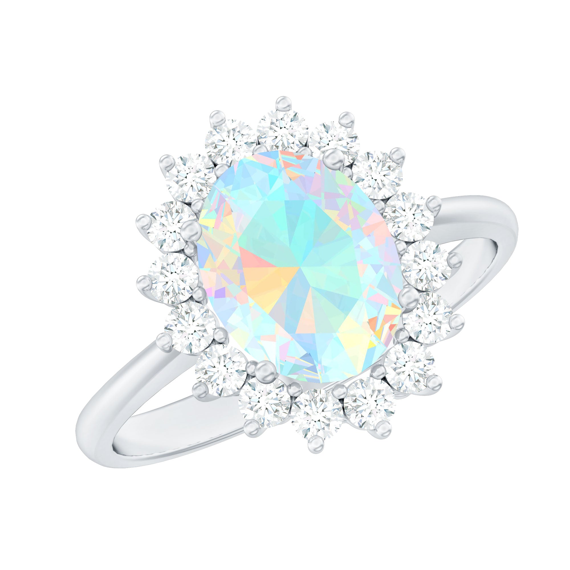 Natural 8X10mm Ethiopian Rainbow Opal Oval Engagement Ring with Diamond Halo