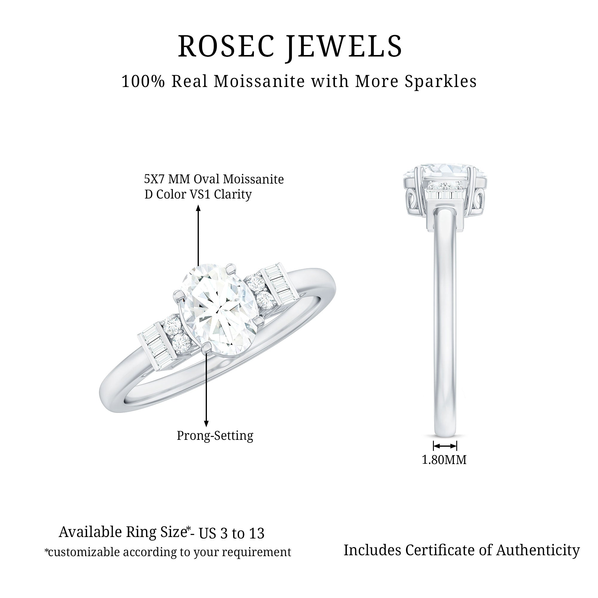 Rosec Jewels-Oval Shaped Moissanite Engagement Ring with Certificate