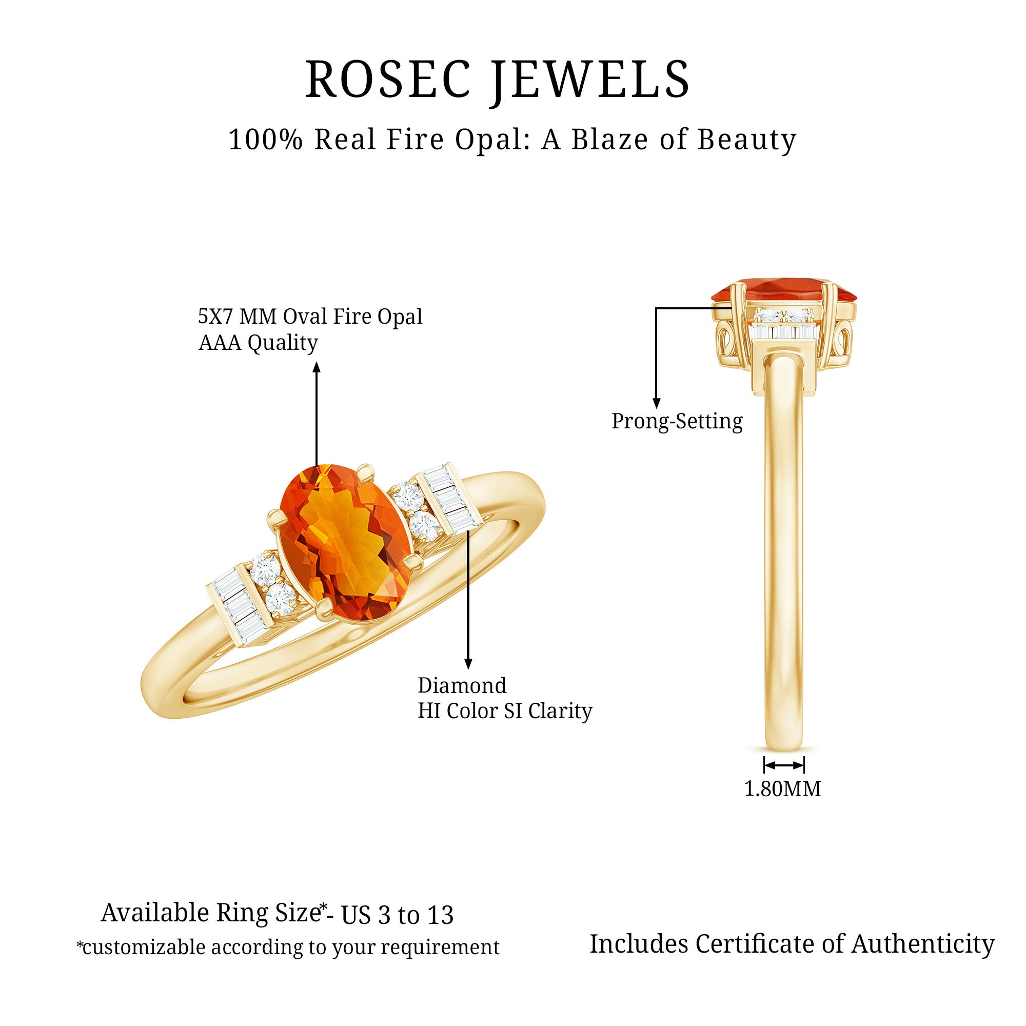 Rosec Jewels-3/4 CT Natural Oval Cut Fire Opal Classic Engagement Ring with Diamond