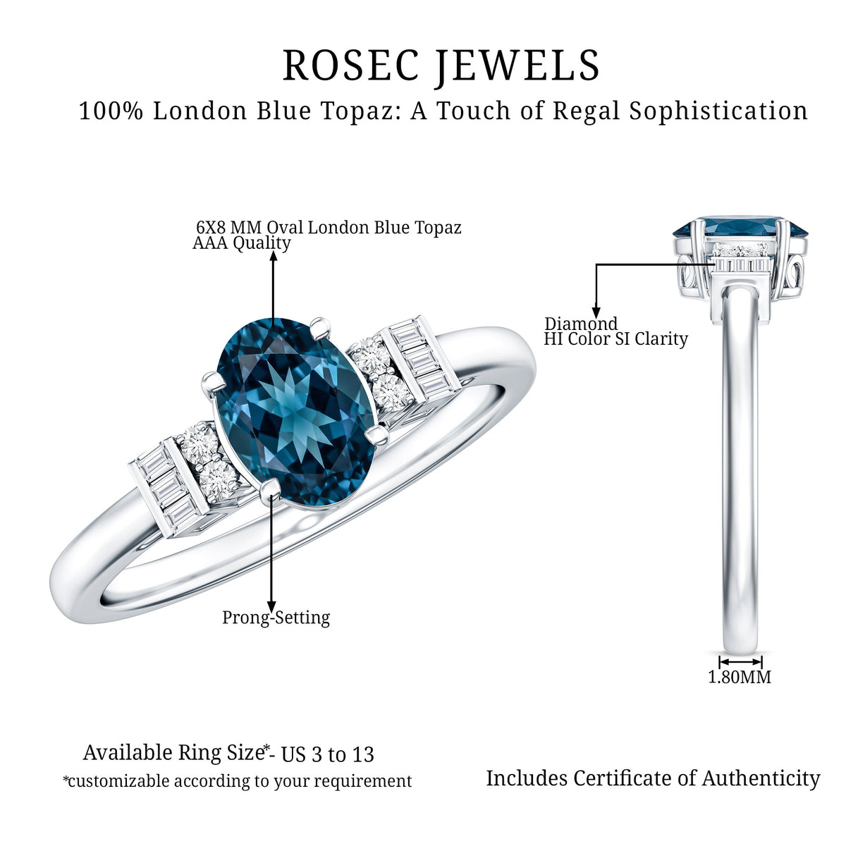 Oval Shaped London Blue Topaz Engagement Ring with Certificate AAA - Rosec Jewels