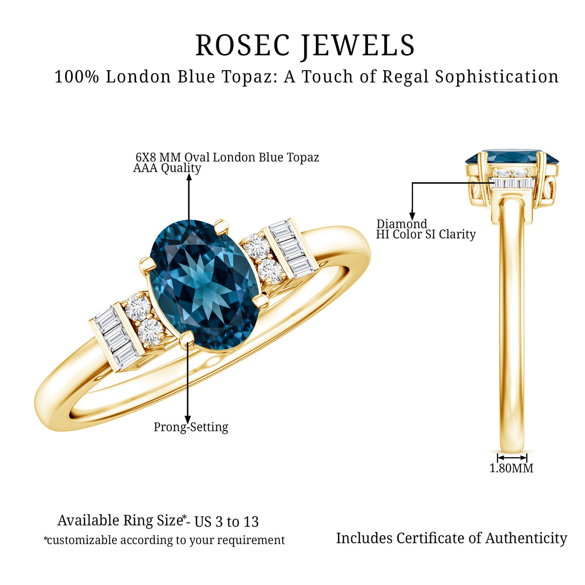 Oval Shaped London Blue Topaz Engagement Ring with Certificate AAA - Rosec Jewels