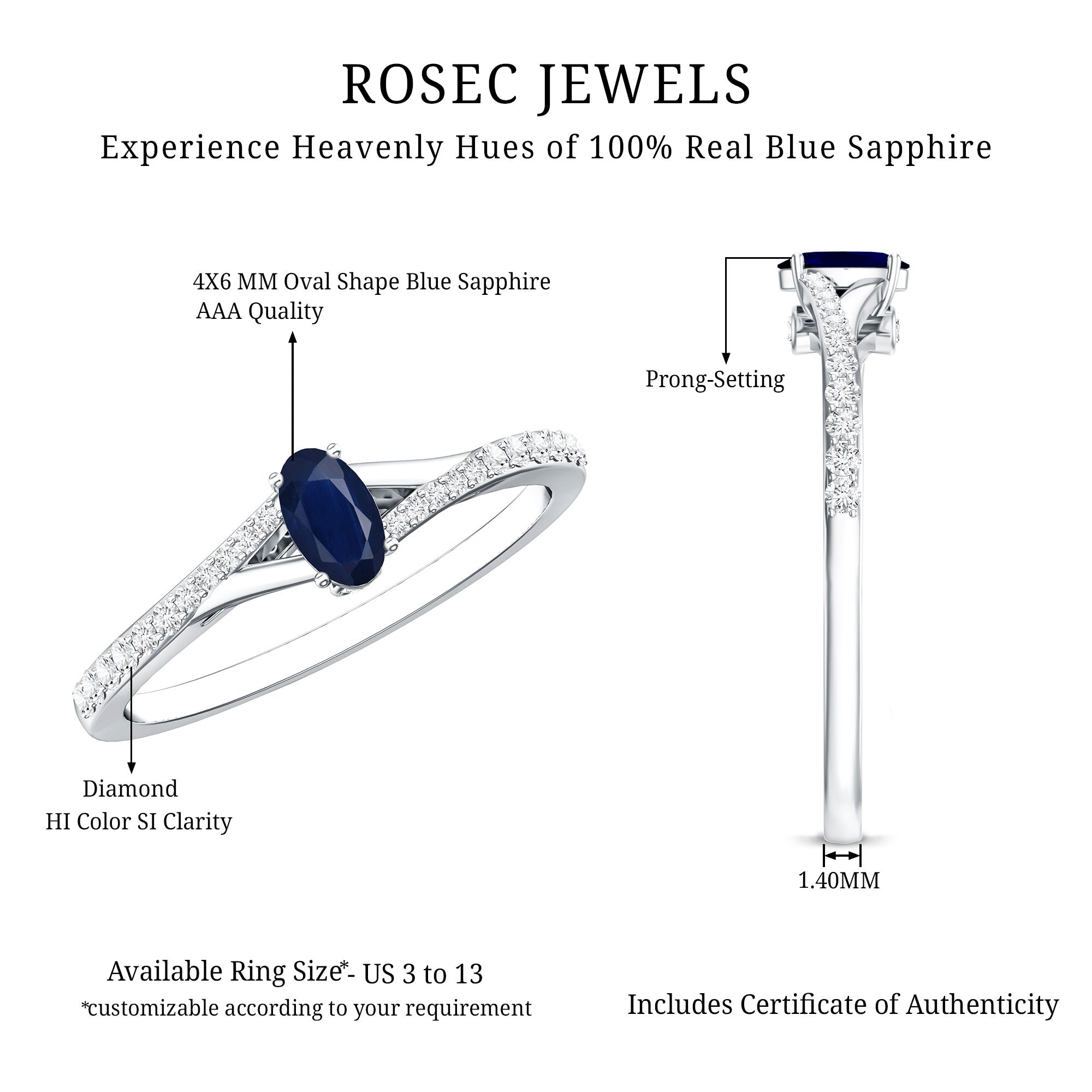 Rosec Jewels-Natural 0.6 Carat Blue Sapphire Minimal Engagement Ring with Diamond Split Shank
