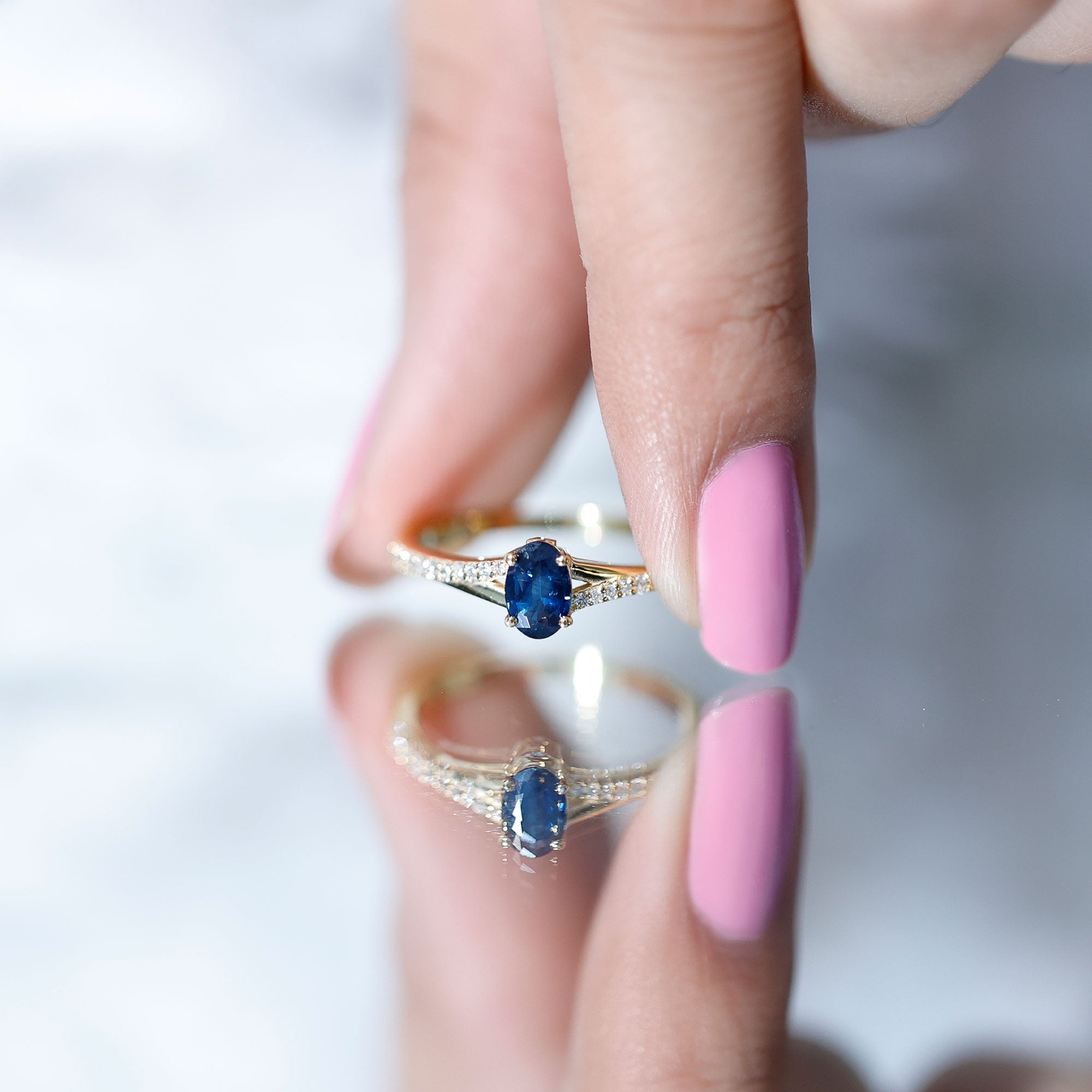 Rosec Jewels-Natural 0.6 Carat Blue Sapphire Minimal Engagement Ring with Diamond Split Shank