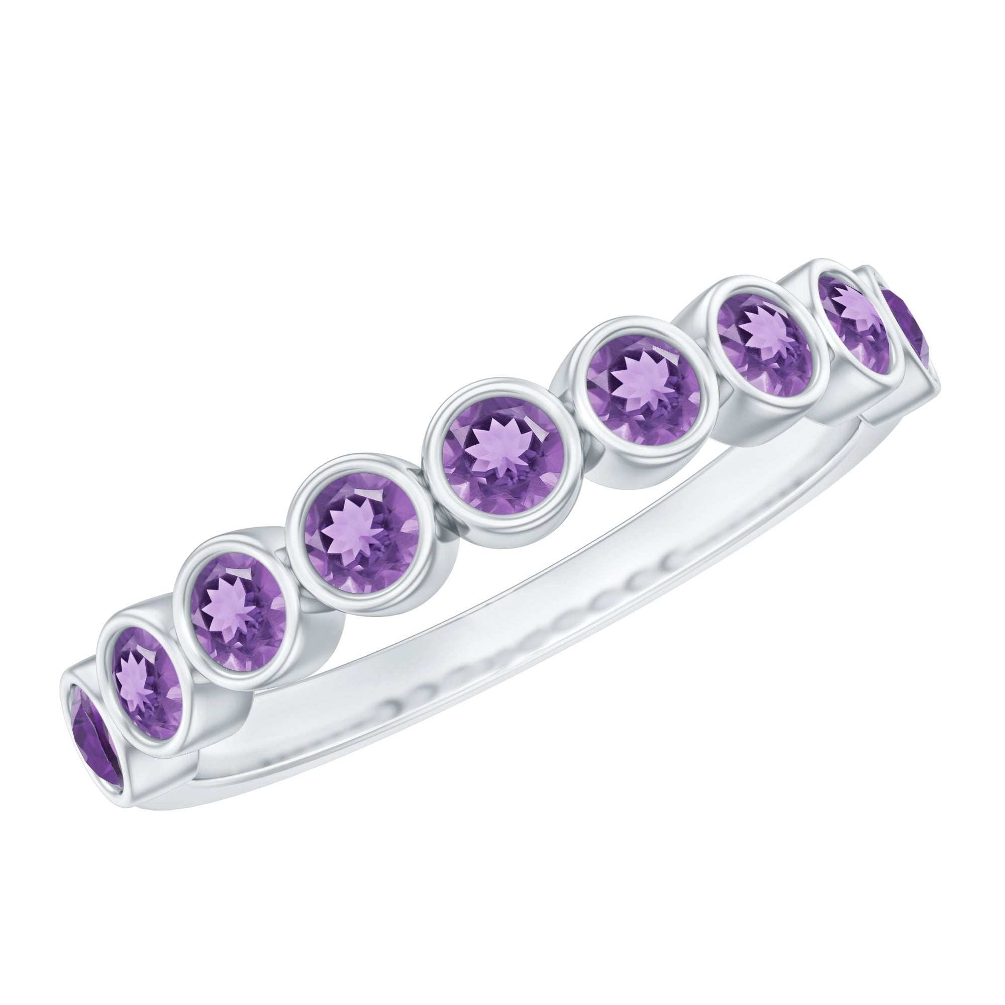 Bezel Set Natural Amethyst Half Eternity Wedding Band in Silver AAA 92.5 Sterling Silver - Rosec Jewels