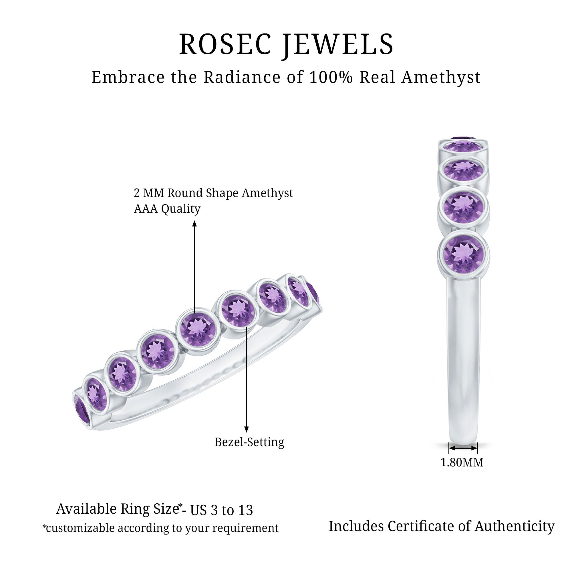 Bezel Set Natural Amethyst Half Eternity Wedding Band in Silver AAA 92.5 Sterling Silver - Rosec Jewels