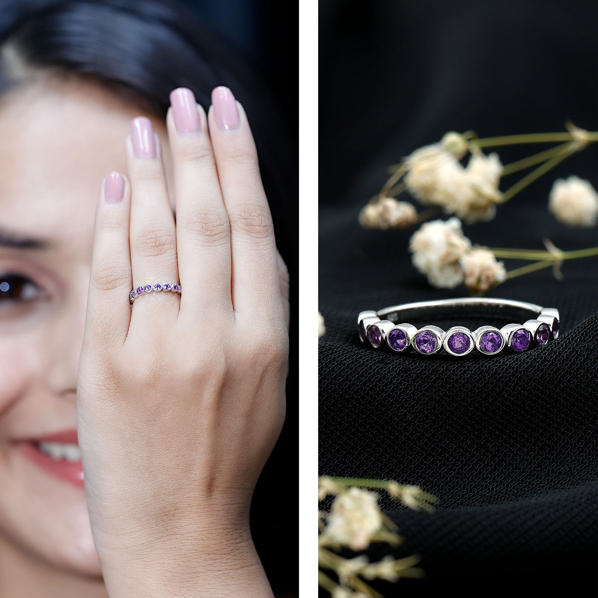 Bezel Set Natural Amethyst Half Eternity Wedding Band in Silver AAA 92.5 Sterling Silver - Rosec Jewels