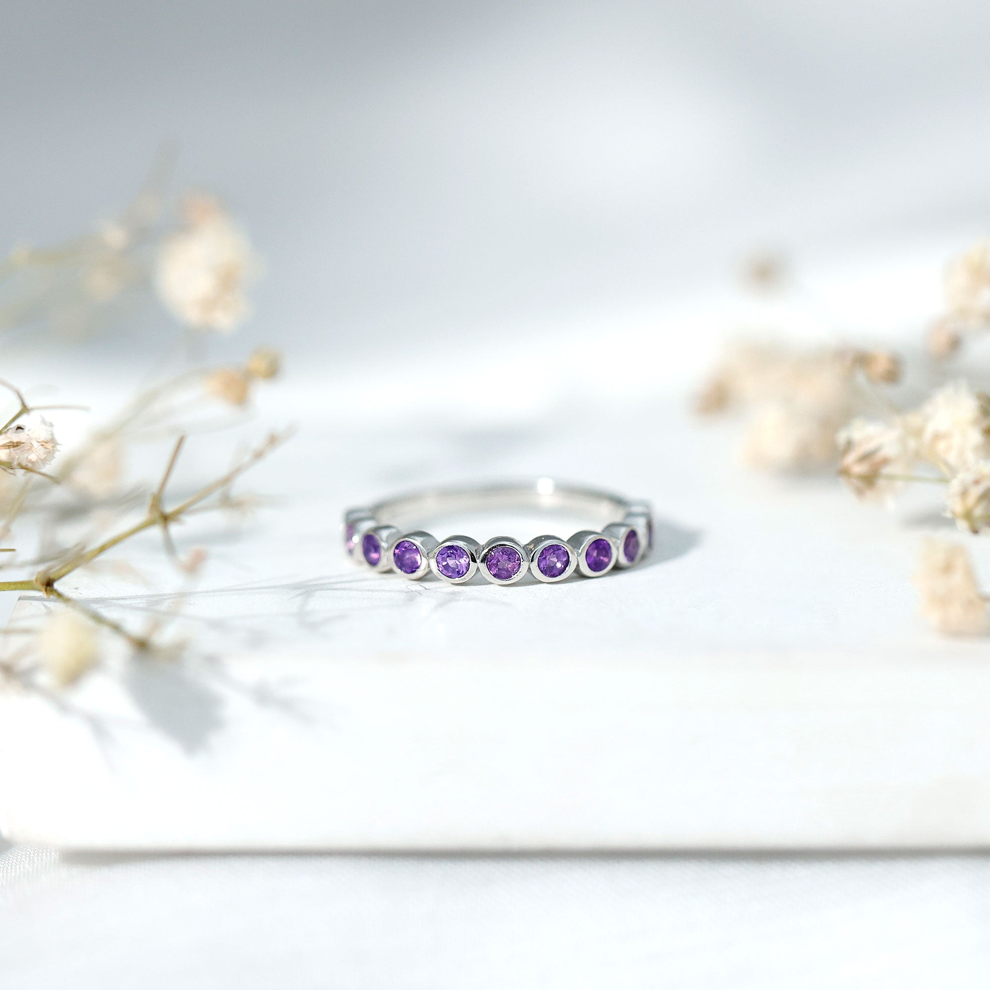 Bezel Set Natural Amethyst Half Eternity Wedding Band in Silver AAA 92.5 Sterling Silver - Rosec Jewels