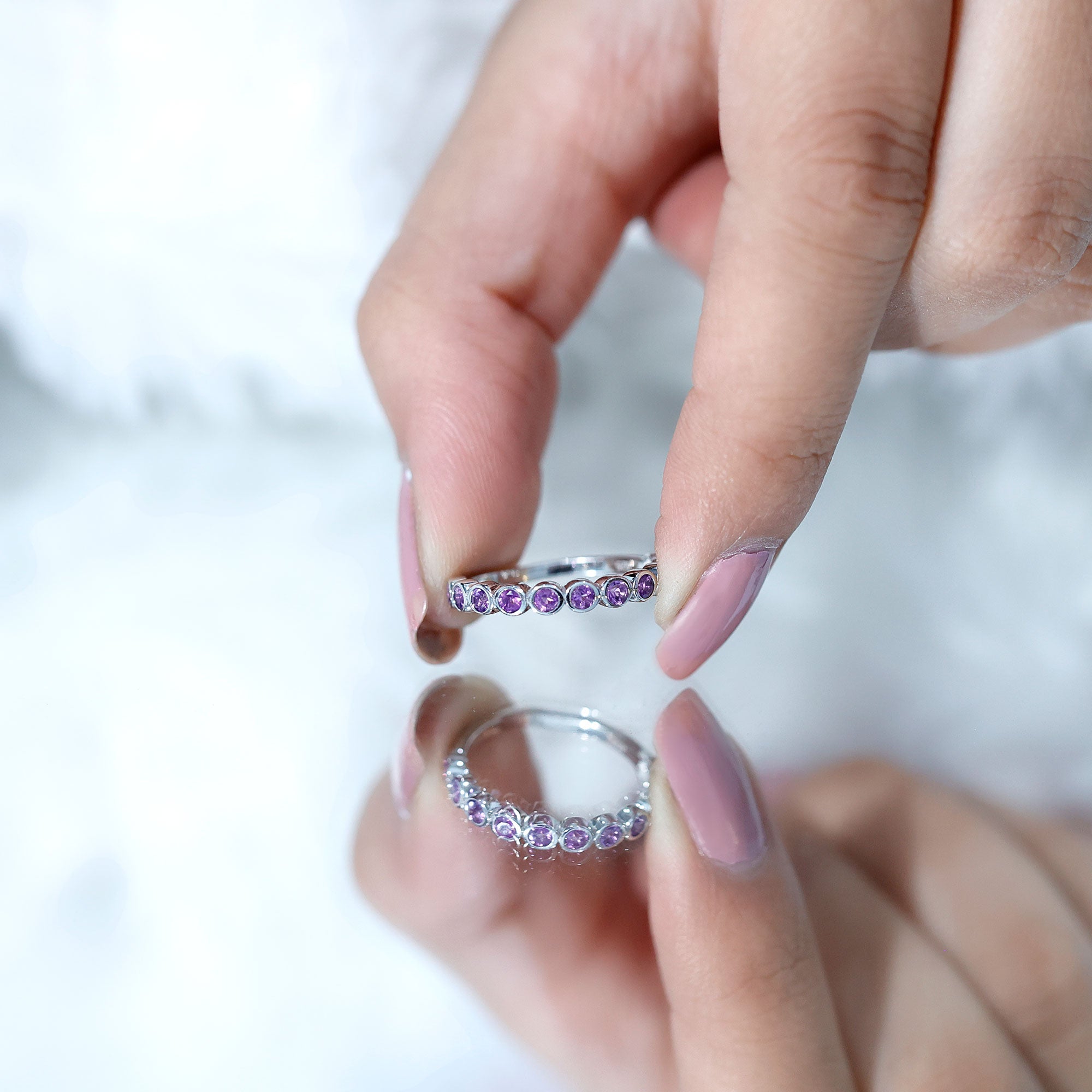 Bezel Set Natural Amethyst Half Eternity Wedding Band in Silver AAA 92.5 Sterling Silver - Rosec Jewels