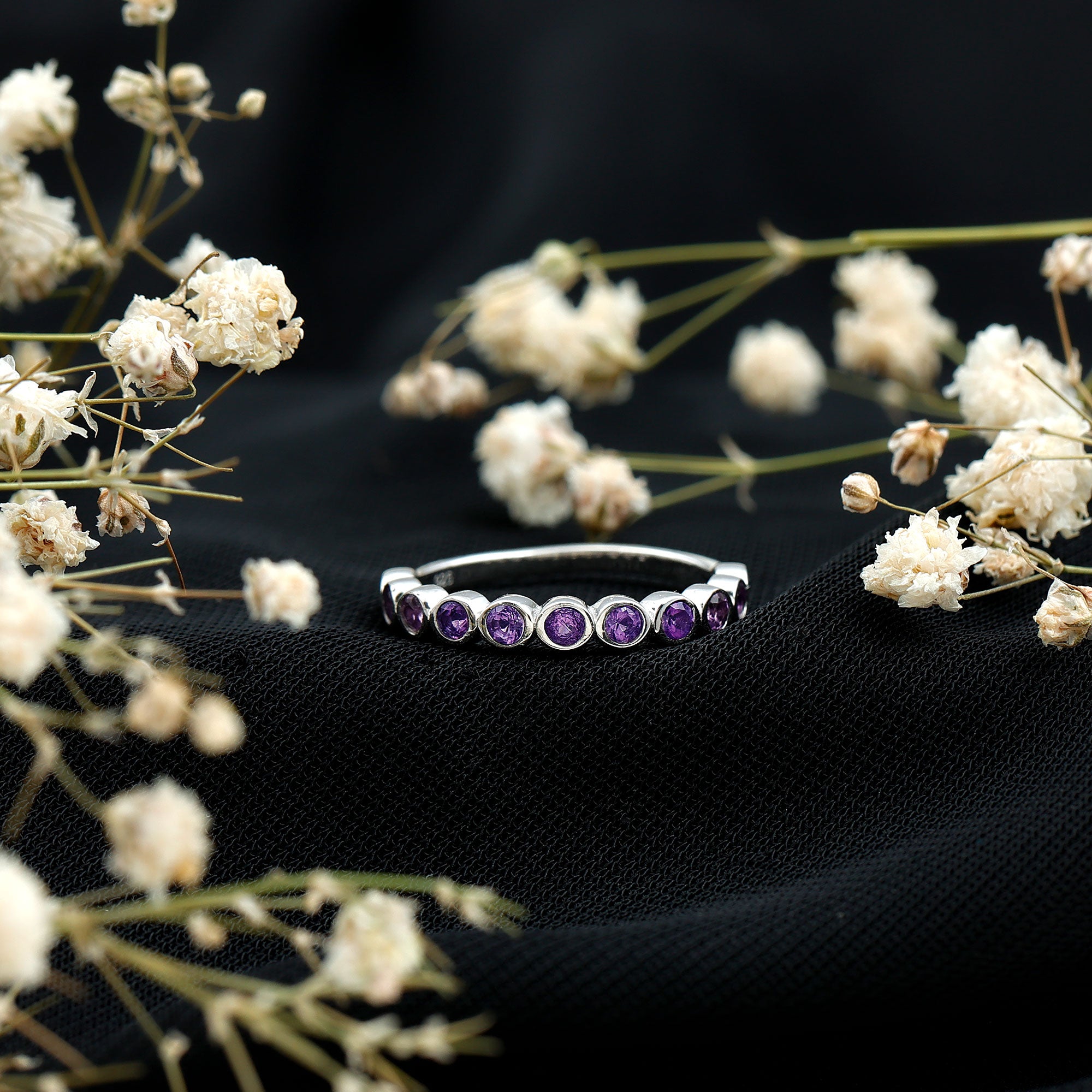 Bezel Set Natural Amethyst Half Eternity Wedding Band in Silver AAA 92.5 Sterling Silver - Rosec Jewels