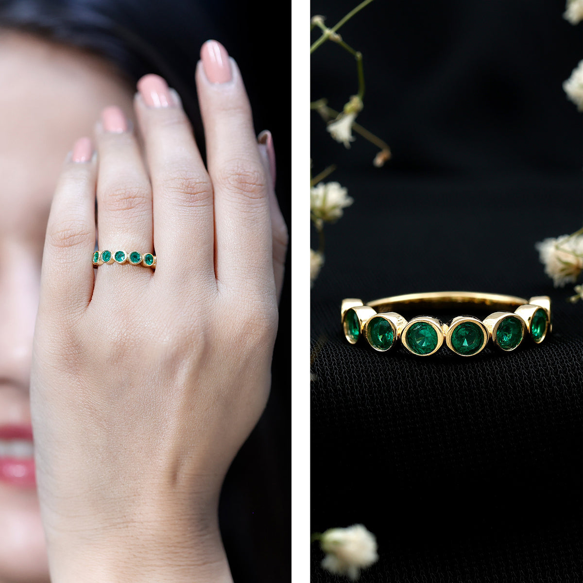 Lab Created Emerald Half Eternity Ring 14K Gold Plated Silver AAAA 14K Yellow Gold Plated Silver - Rosec Jewels